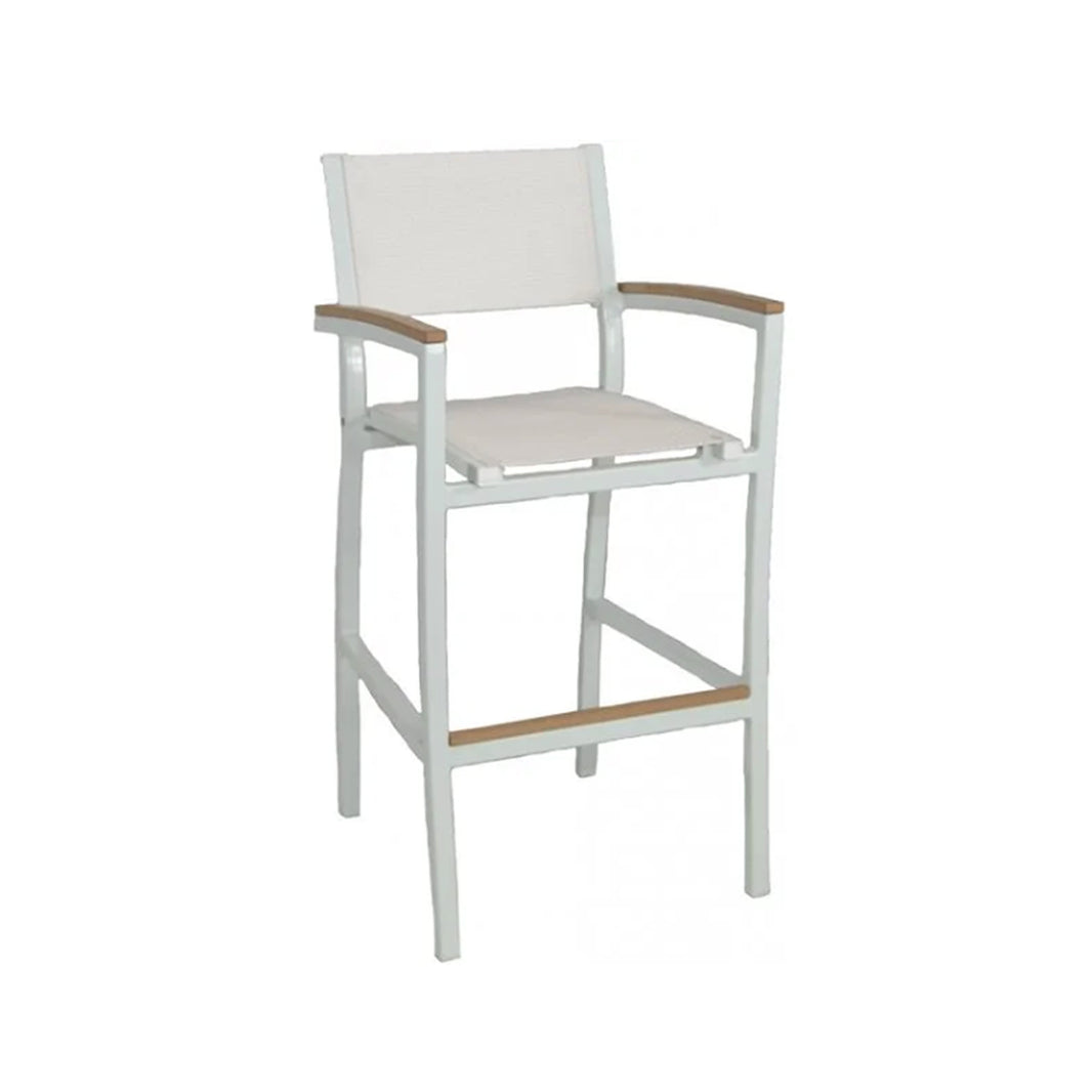 White bar chair with wooden armrests on a white background. Chair has white sling fabric back and seat.
