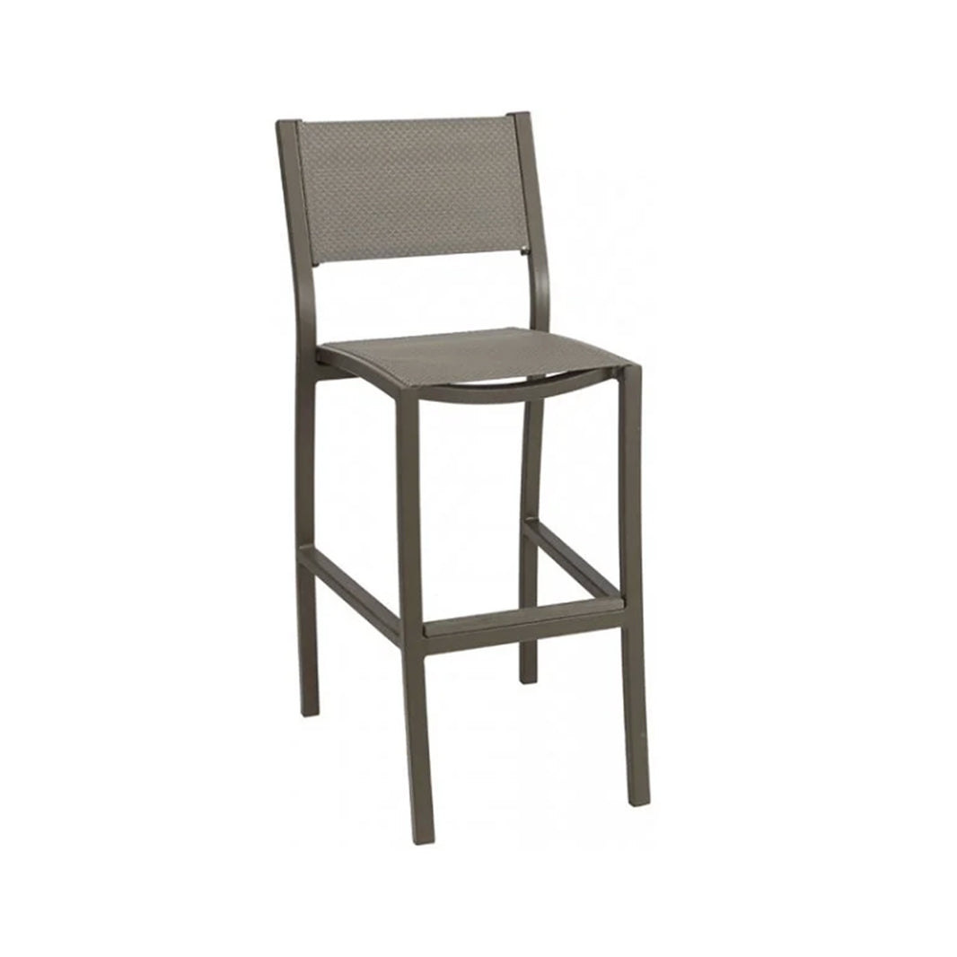 Gray bar chair on a white background. Sling fabric seat and back in matching grey.