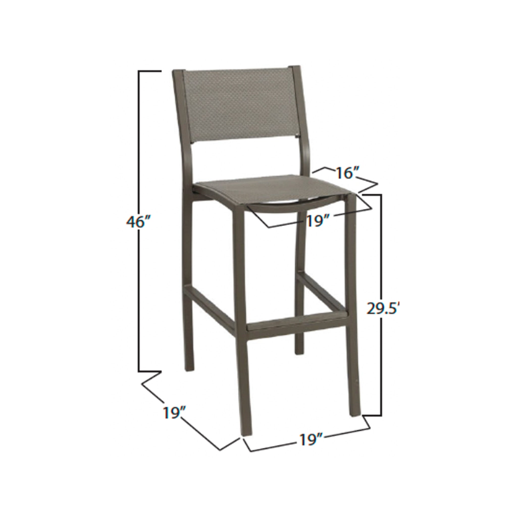 Gray bar chair with dimensions labeled on a white background. Dimensions say the chair is 19" wide and 19" deep and 46" tall. The measurement from the floor to seat is 29.5". The seat is 16" deep by 19" wide. 