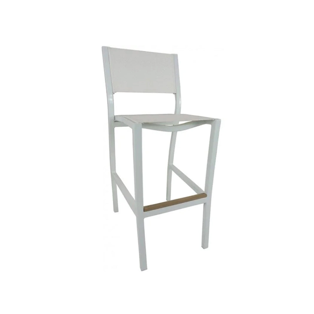 White bar chair with a wood accent for the foot rest on a white background