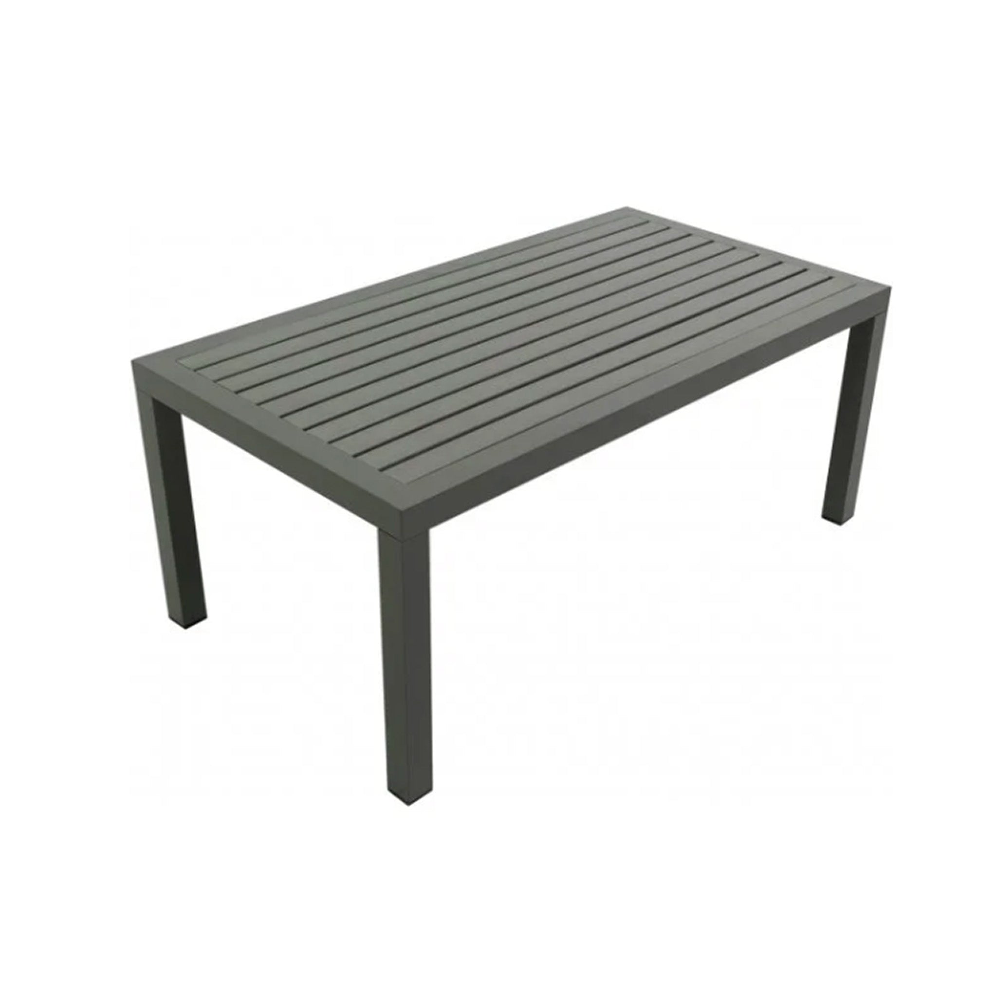 Gray outdoor coffee table on a white background. Grey slatted top encased within a grey frame. 