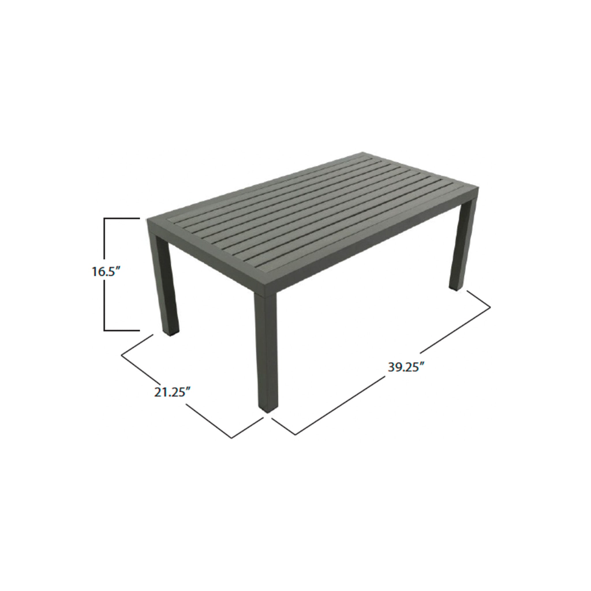 Gray outdoor table with dimensions labeled on a white background. Dimensions say the table is 39.25" long by 21.25" deep by 16.5" tall.