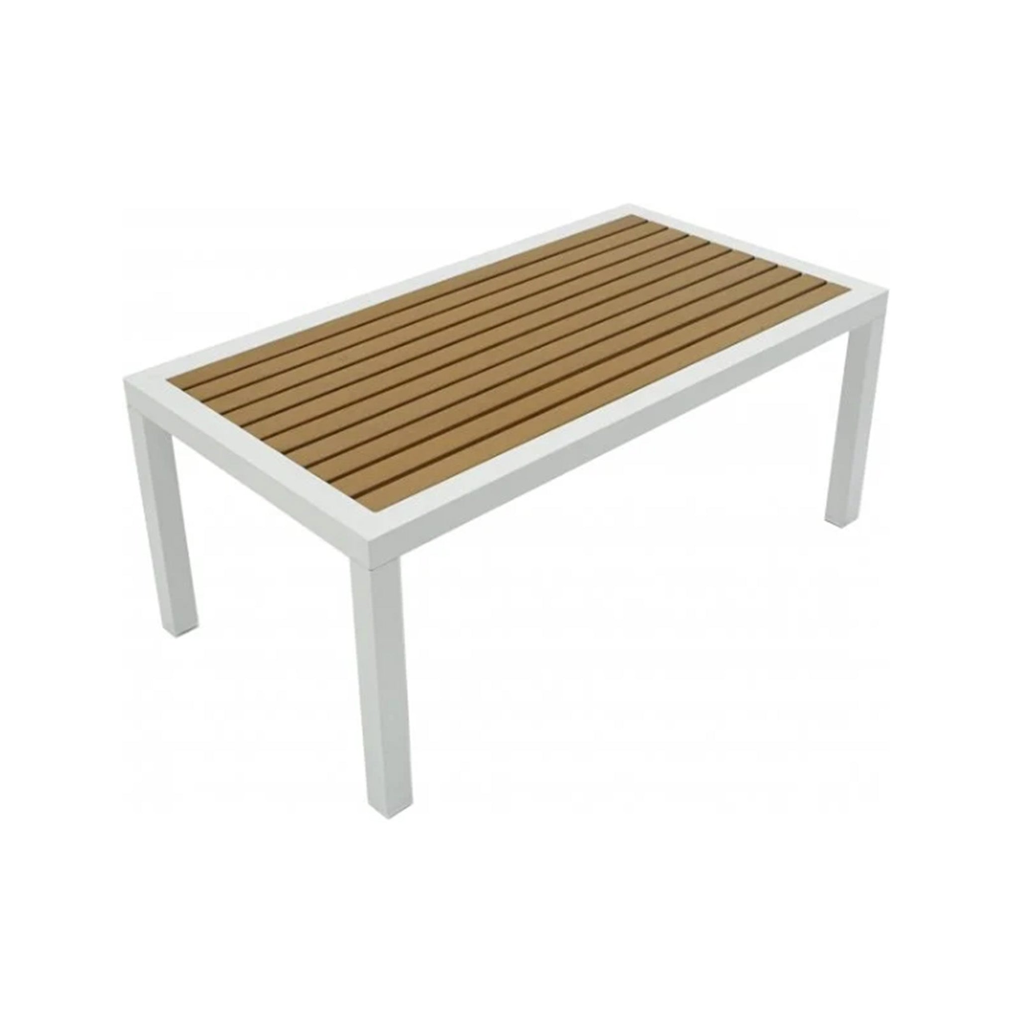 Rectangular coffee table with wooden slats and a white frame on a white background