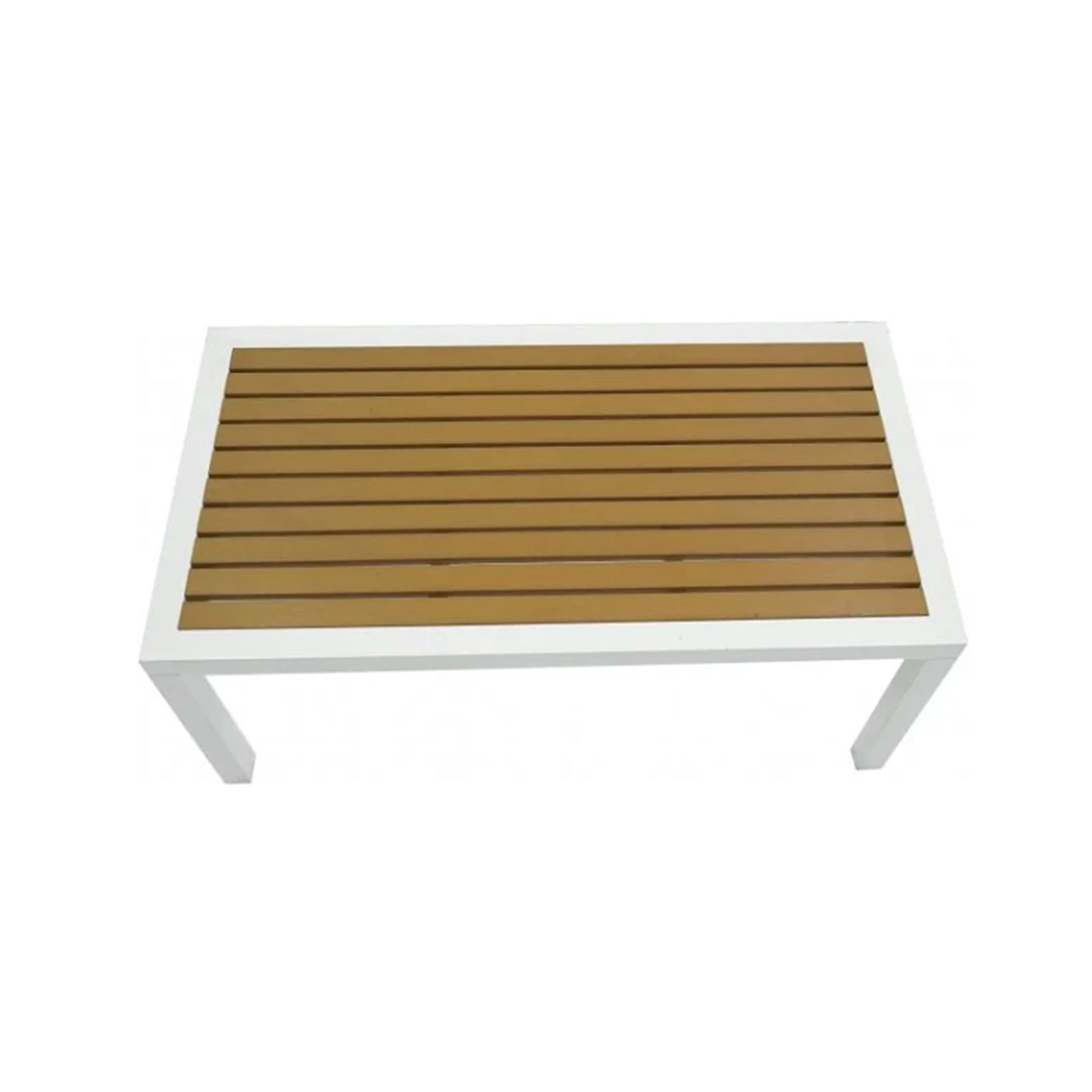 Top view of a rectangular coffee table with faux teak wood slats and a white frame on a white background