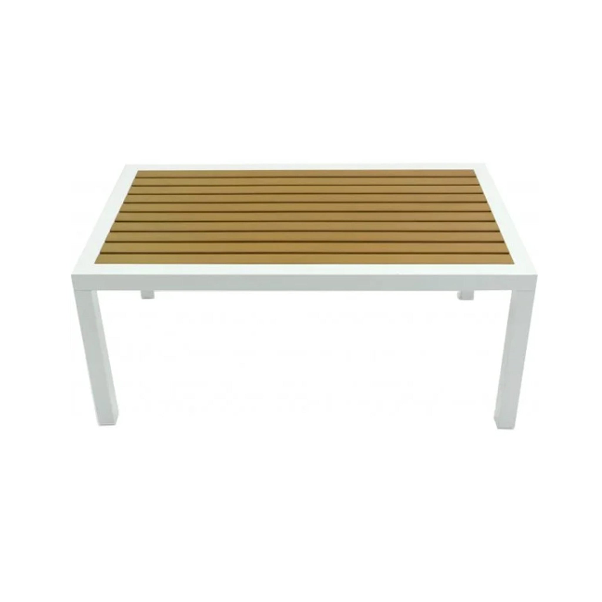 Side view of a rectangular coffee table with faux teak wood slats and a white frame on a white background