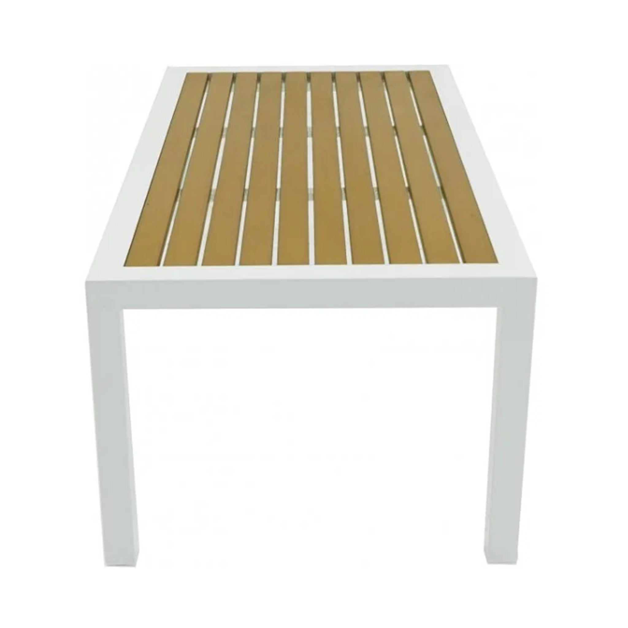 Side view of a rectangular coffee table with faux teak wood slats and a white frame on a white background
