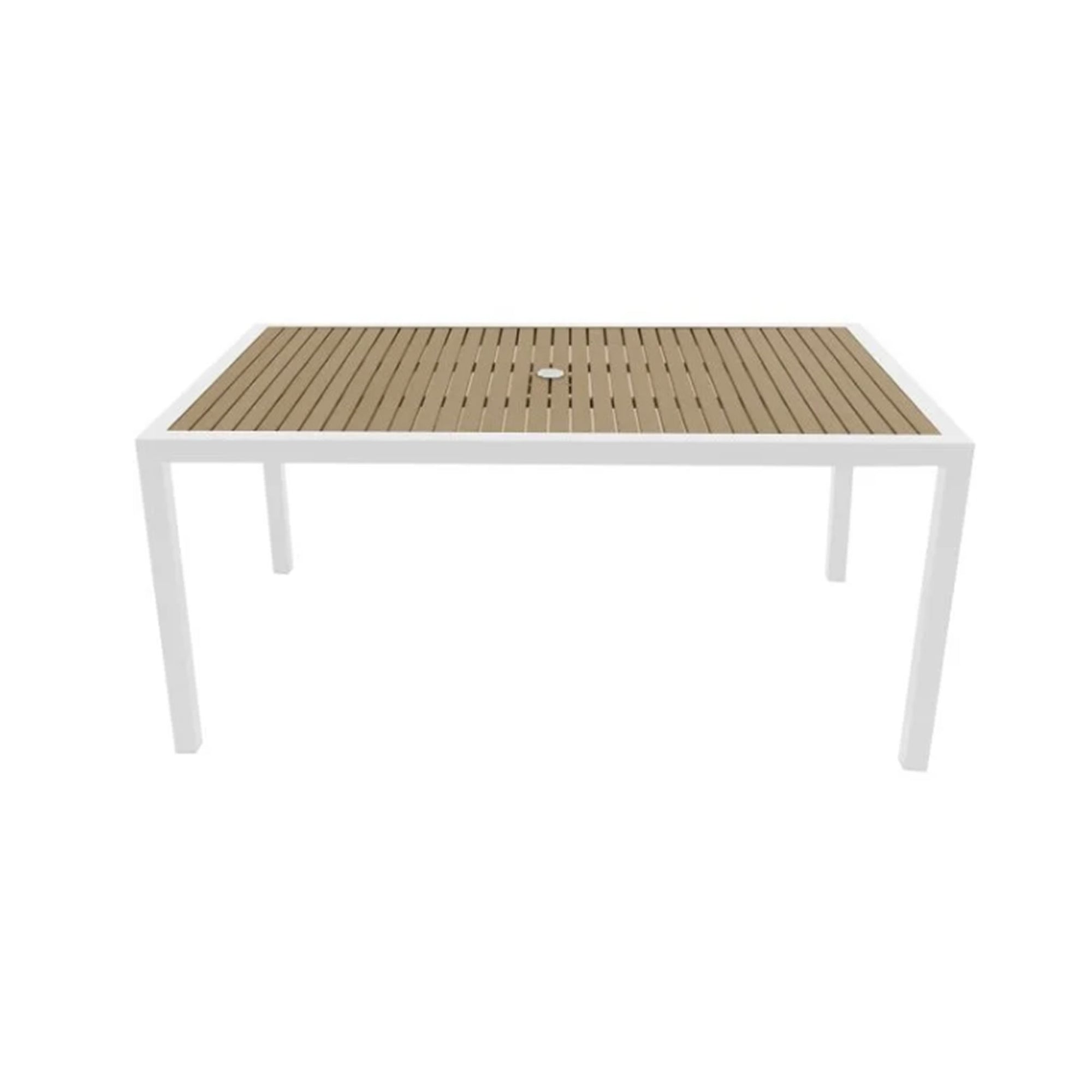 Side view of a rectangular outdoor table with wooden slatted top and white frame on a white background. There is a hole for an umbrella in the center of the table. 