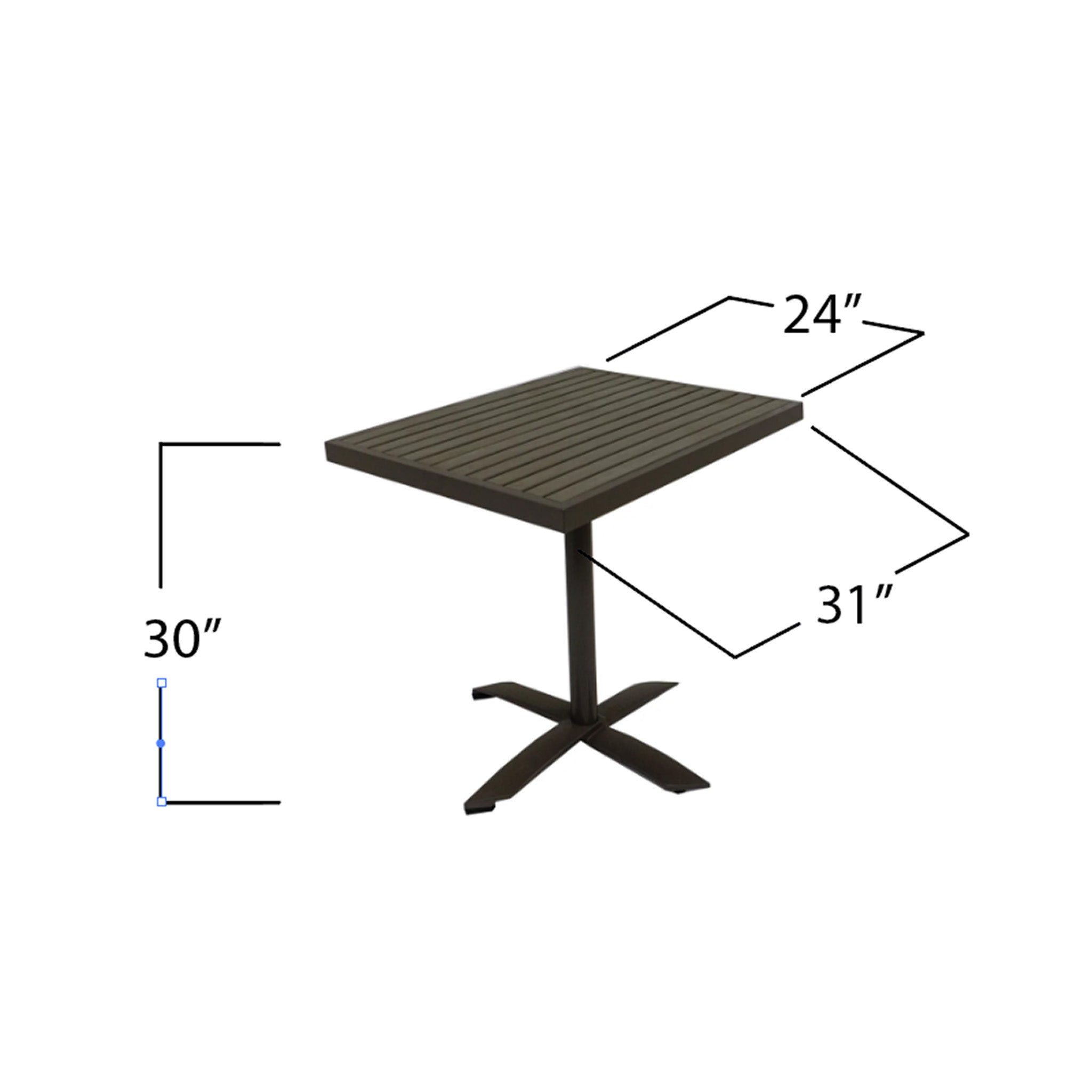 Rectangular patio table with grey base on a white background with text featuring the dimensions. The measurements say the table is 30" tall by 24" deep by 31" wide. The top of the table is made of grey colored imitation wood slats, encased in a grey frame.  