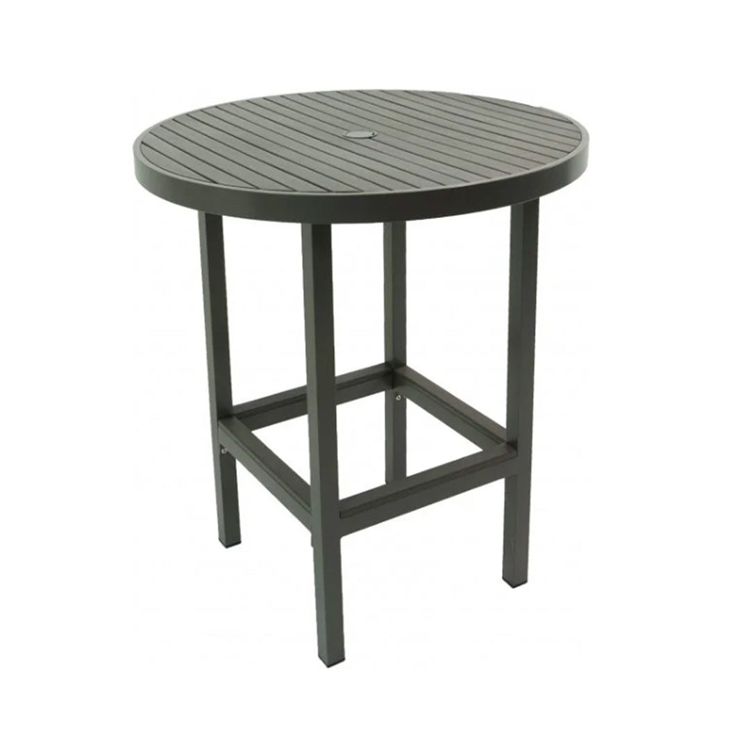 Round gray outdoor bar table on a white background. Table has an umbrella hole in the center. The top has slats of grey wood and there is a band around the circumference of the table top. 