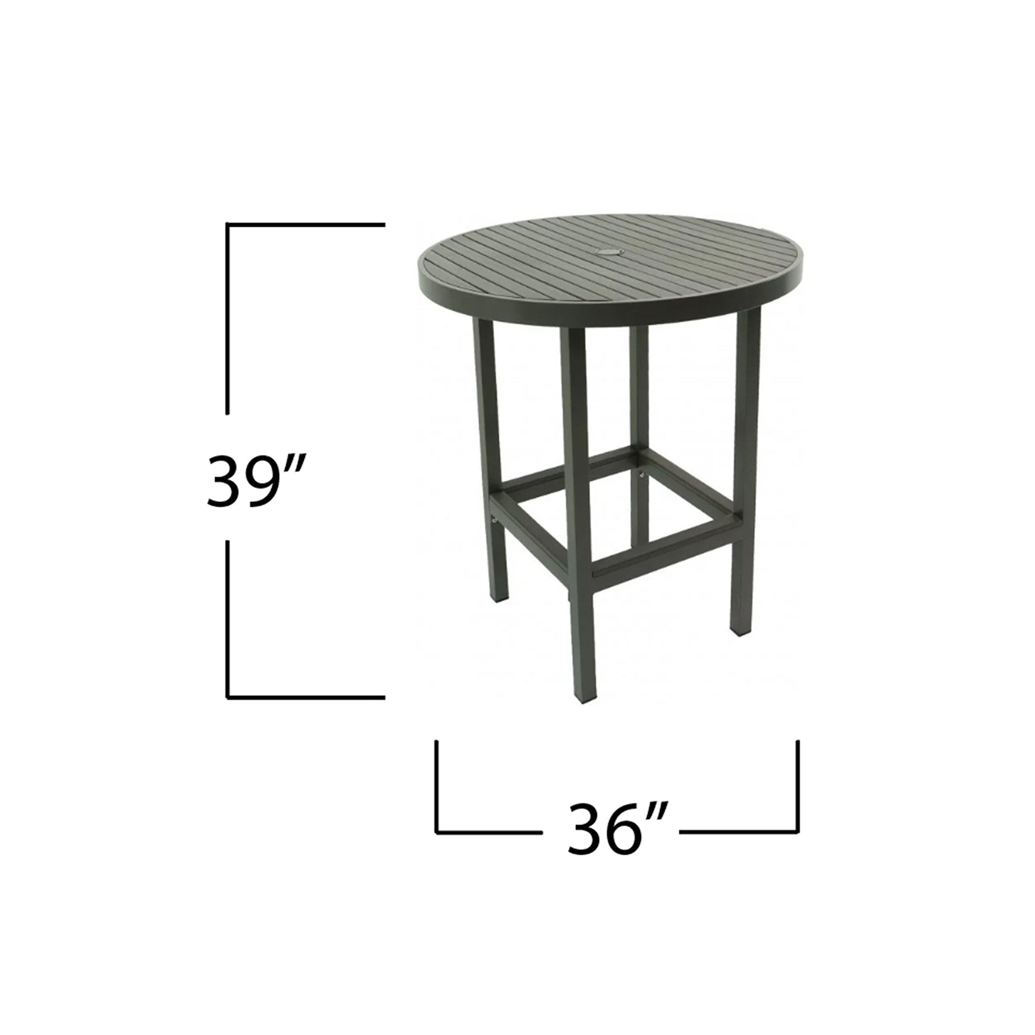 Round grey outdoor bar table with dimensions on a white background. The dimensions say the table is 36" diameter and 39" tall. 