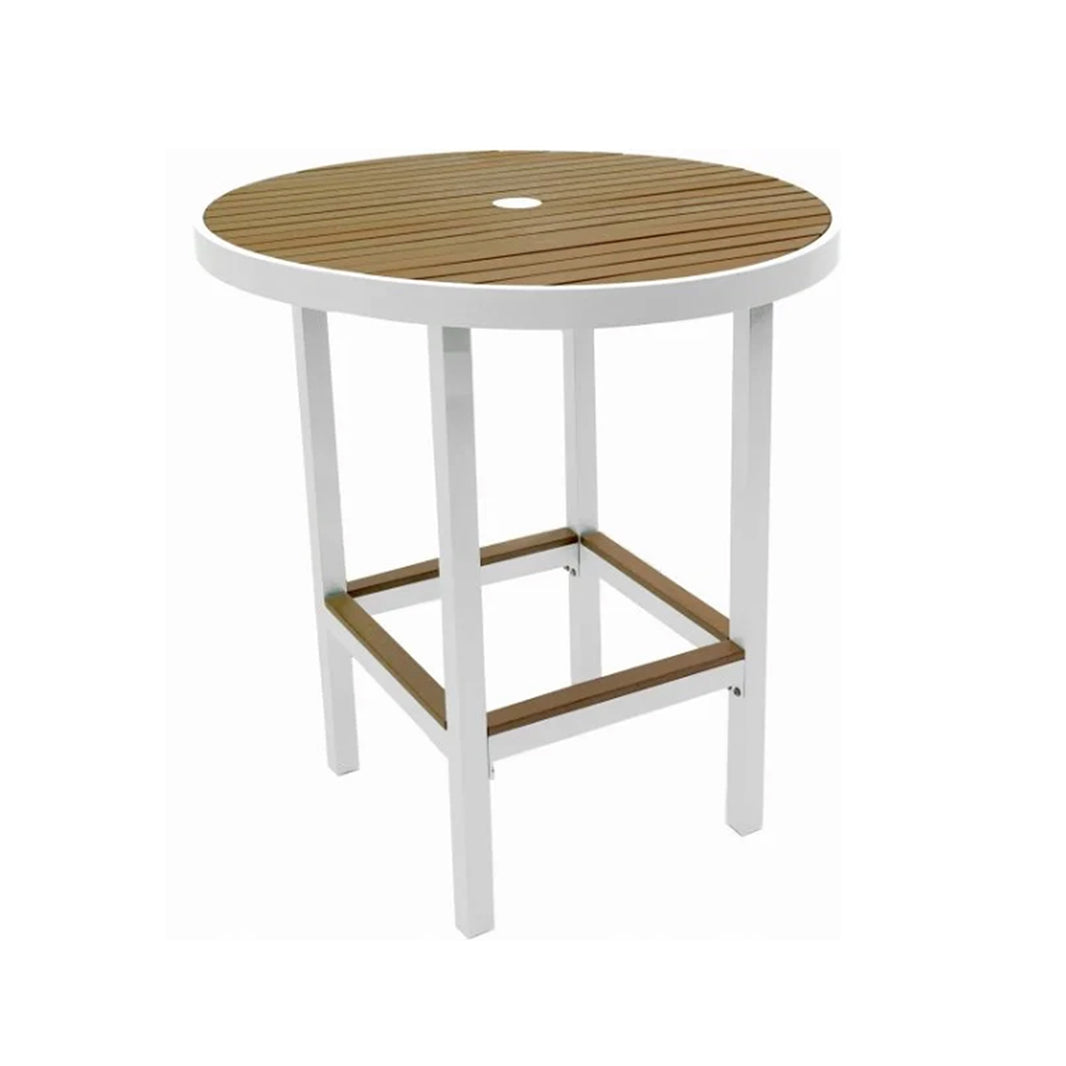 Round outdoor table with wood slatted top and a white base on a white background. The center of the table has an umbrella hole. The slats on the table top are encased inside a band of white frame creating a clean smooth edge. 