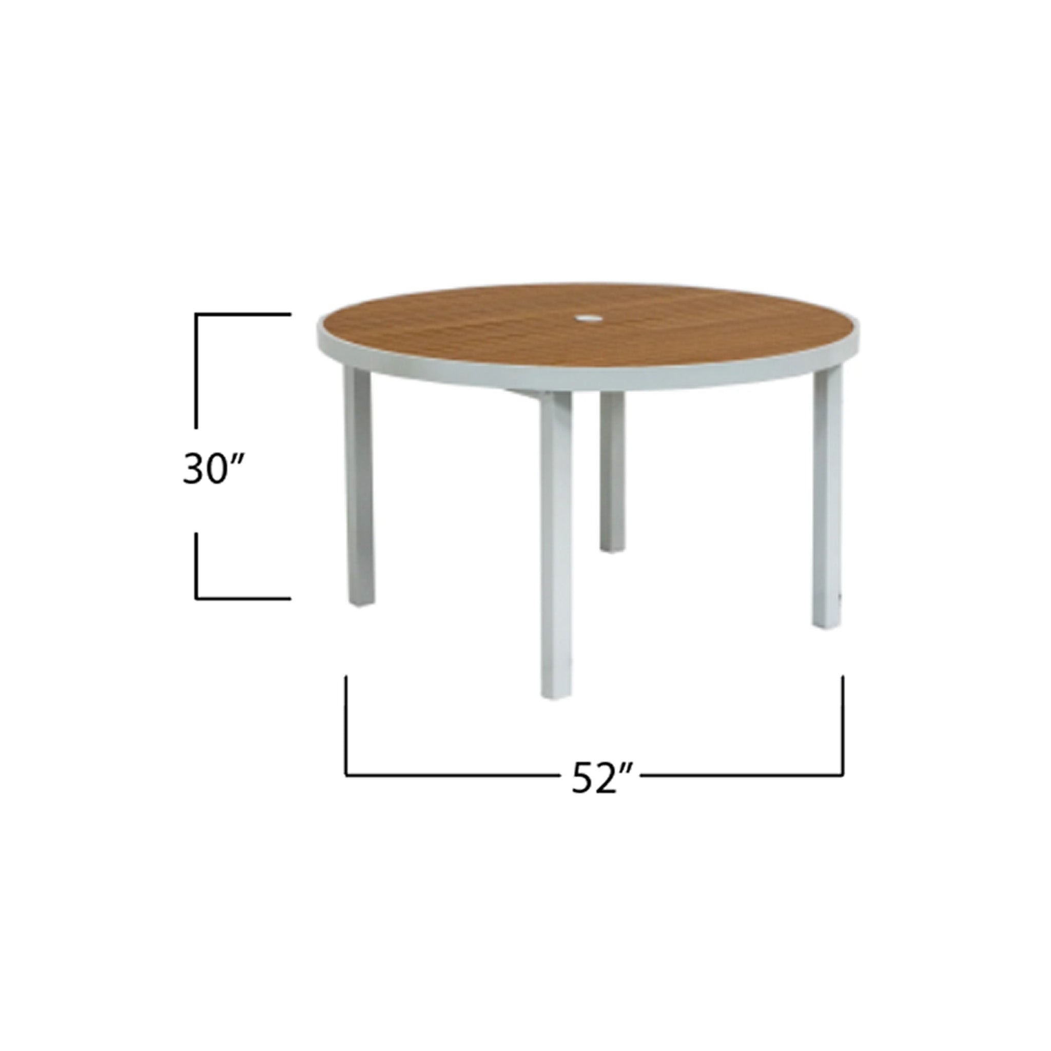Round white table with wooden slatted top with dimensions labeled on a white background. Dimensions say the table is 52" in diameter and 30" tall