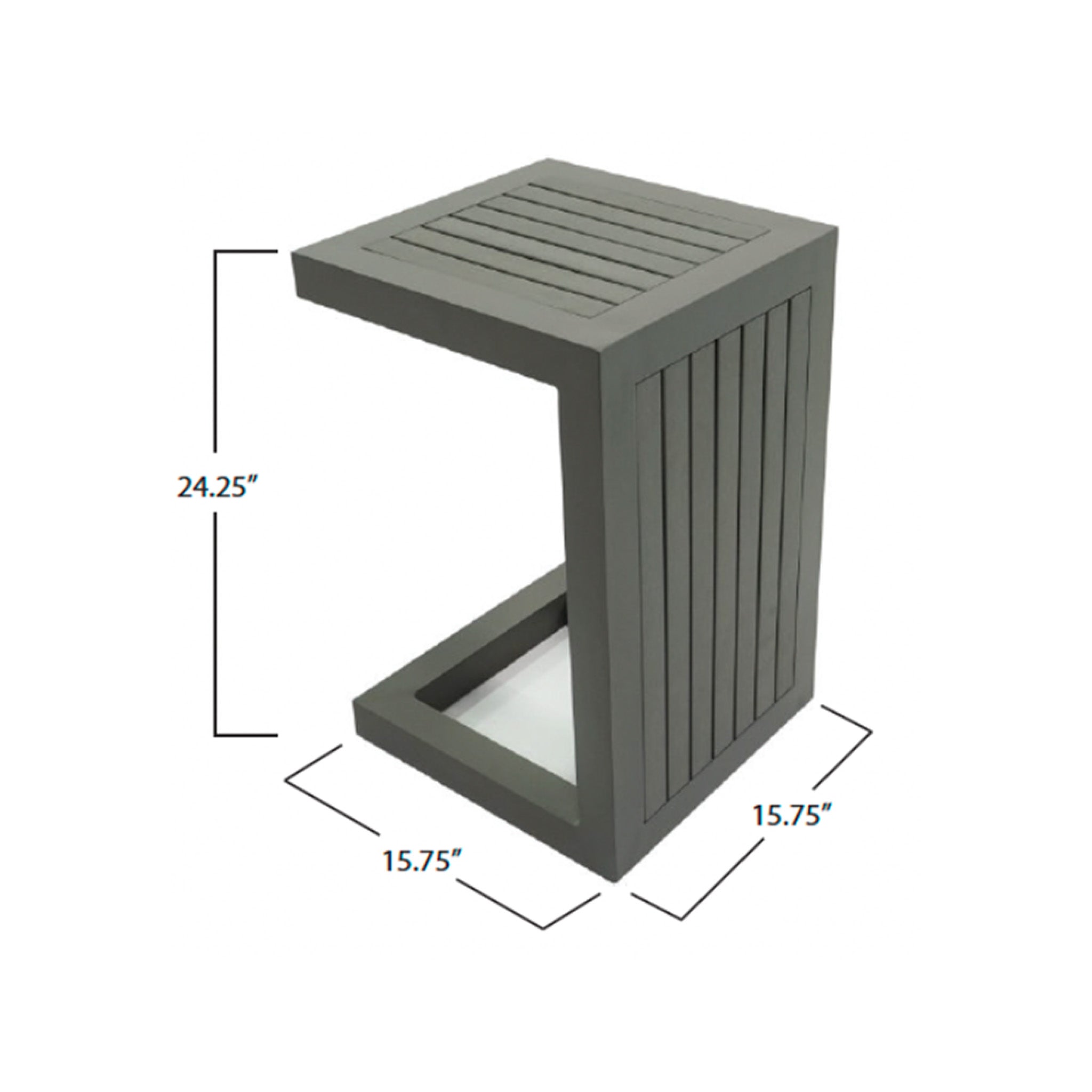 Grey utility table on a white background showing the measurements as 15.75" wide by 15.75" deep and 24.25" tall. 