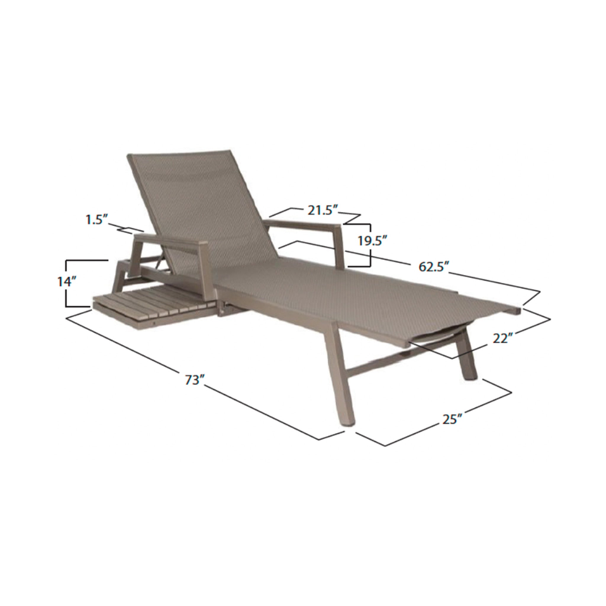 Front view of a grey chaise lounge chair with a long grey faux wood side table that slides out on the left side of the chair. Image is on a white background with dimensions listed as 25" wide by 73" long by 14" tall. The chaise has arms that are 1.5" thick and 21.5" long and 19.5" tall. The seat of the chair is 62.5" long and 22" wide. Chairs have a grey frame and grey sling fabric.