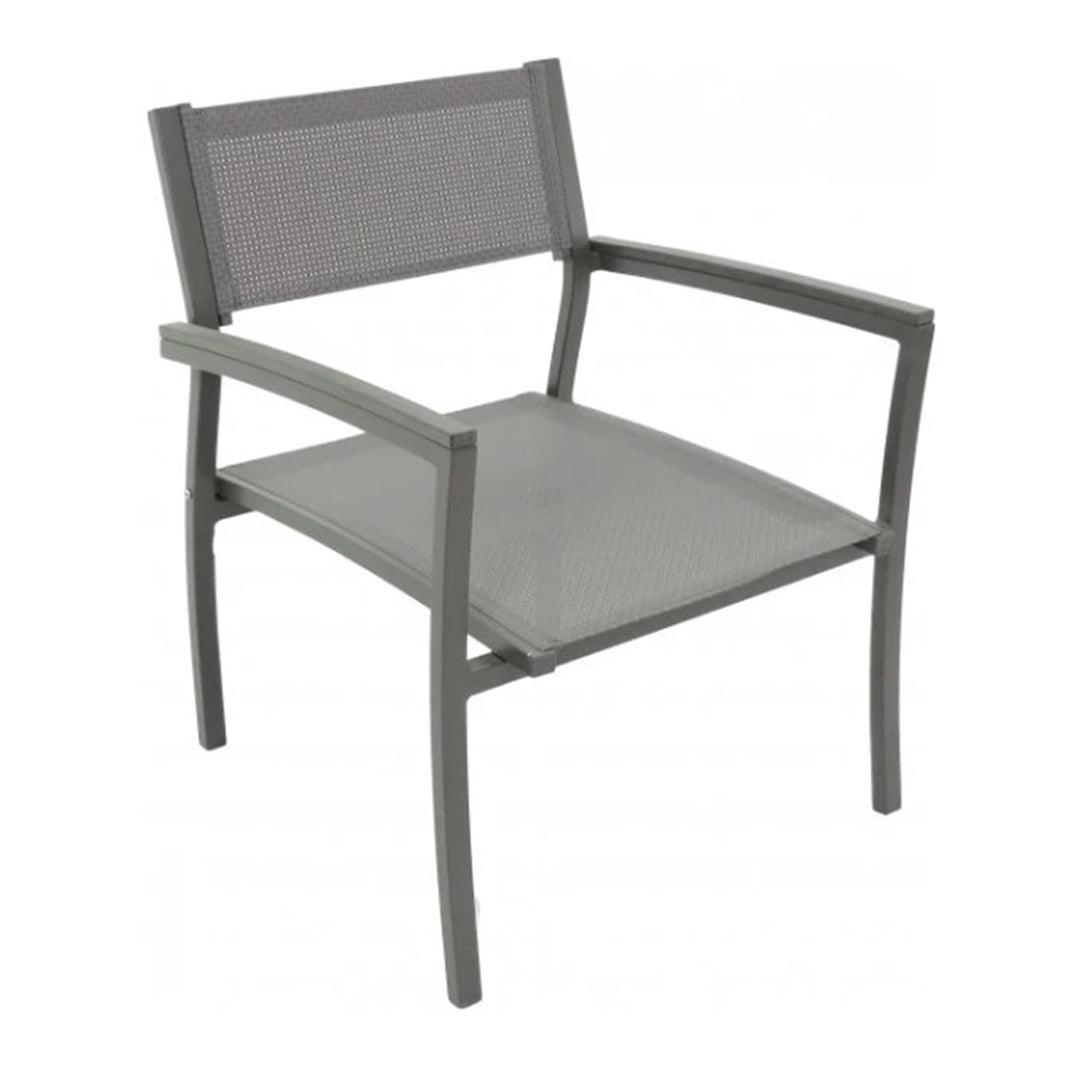 Gray outdoor chair with mesh back and seat on a white background