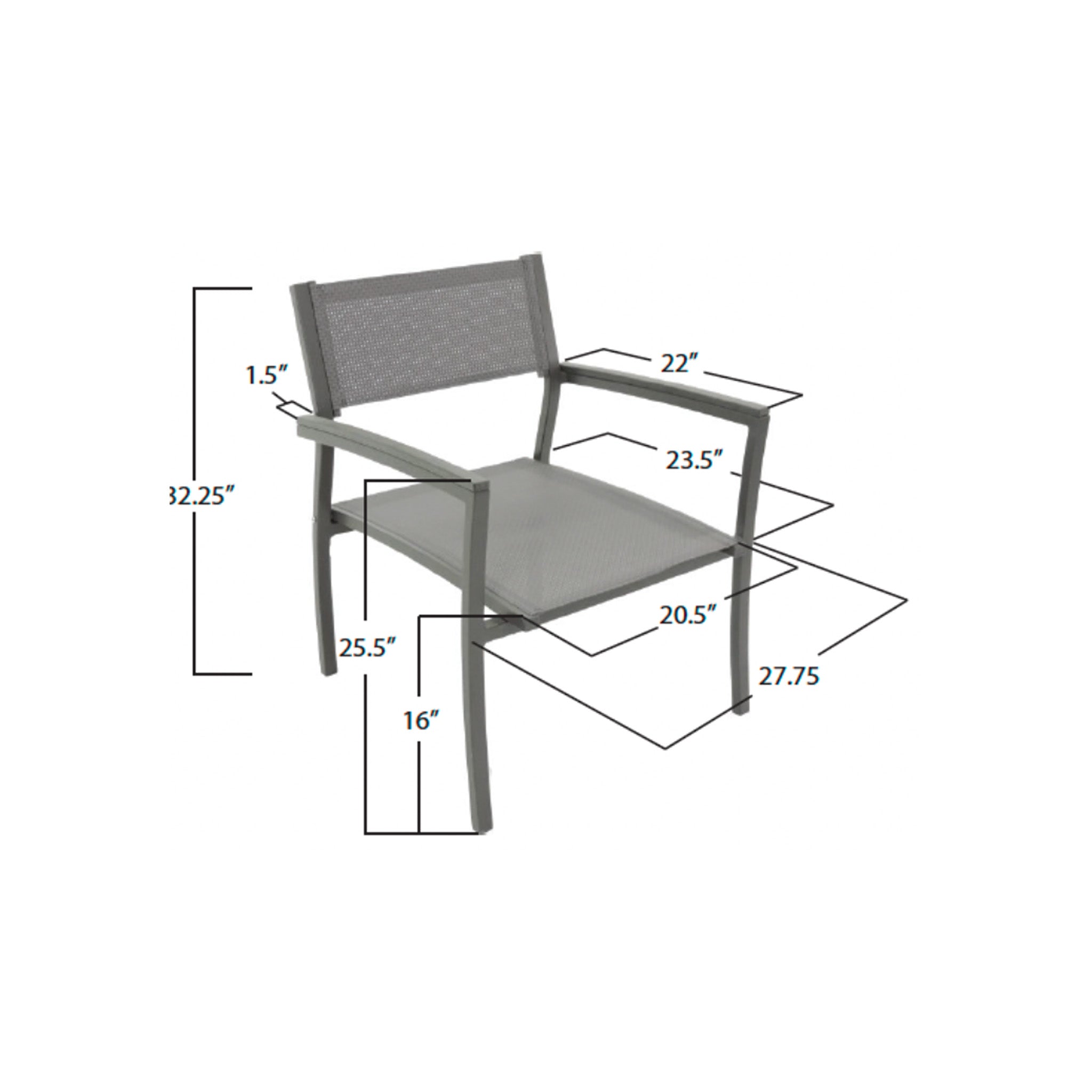 Gray chair with dimensions labeled on a white background