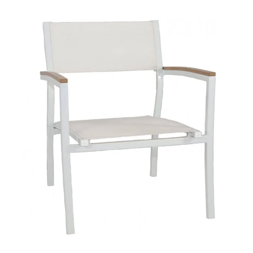 White chair with wooden armrests on a white background