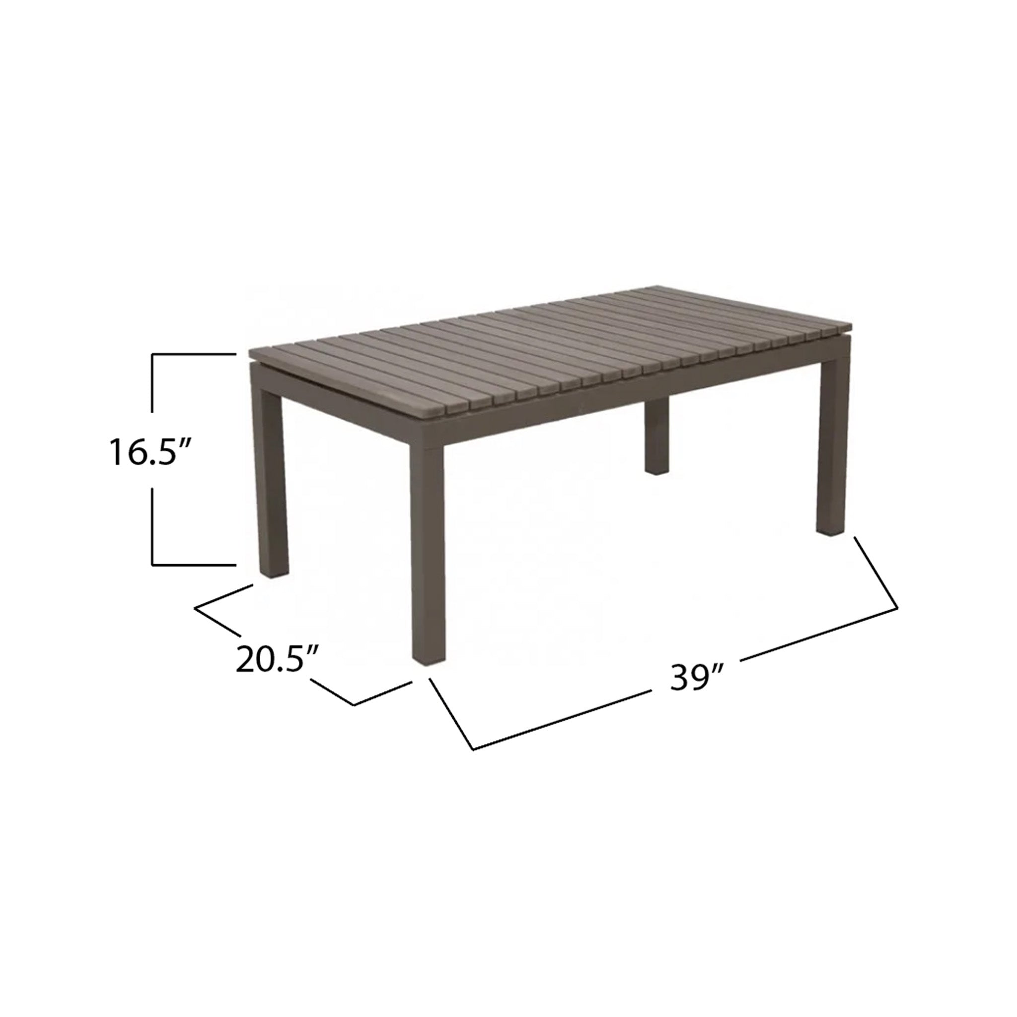 Rectangular outdoor table with dimensions labeled on a white background. Dimensions say the table is 39" long by 20.5" deep by 16.5" tall
