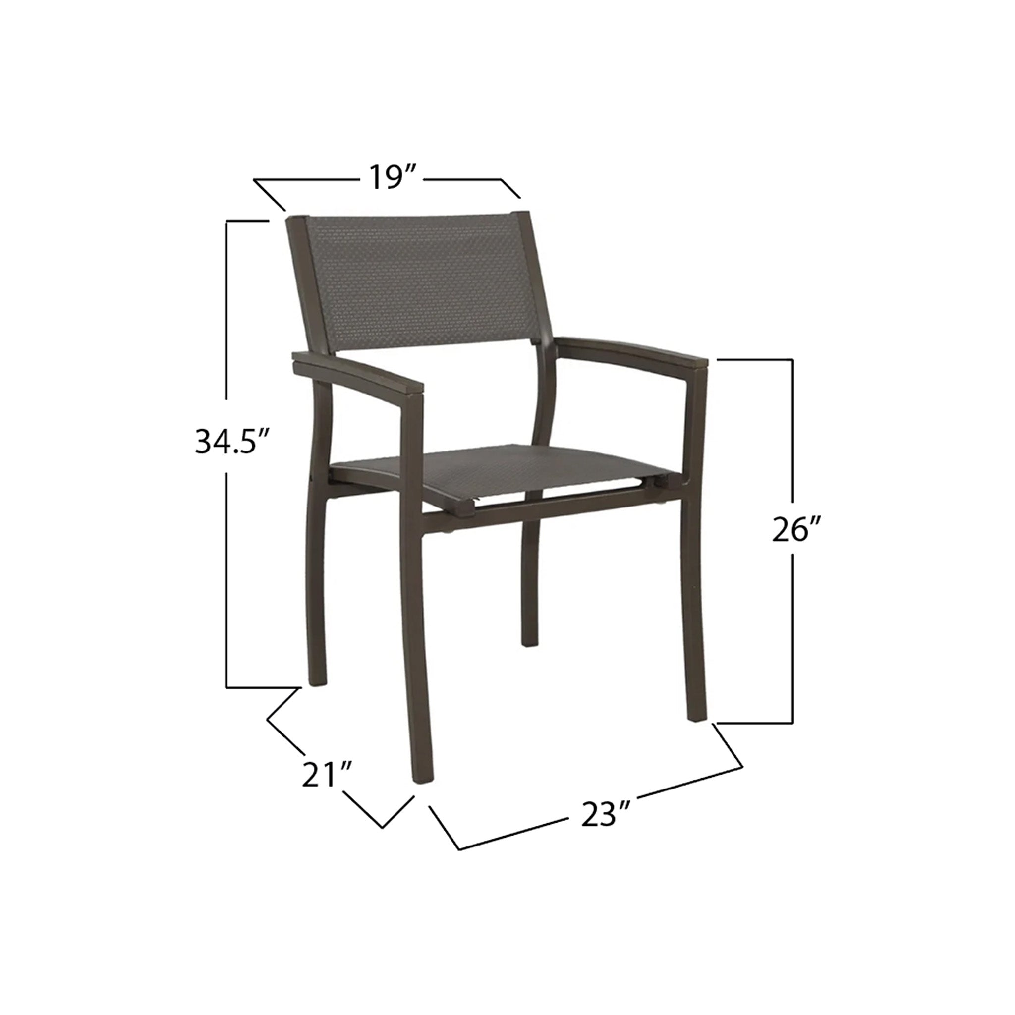 Grey chair with dimensions labeled on a white background. Dimensions say the chairs is 23" wide by 21" deep by 34.5" tall. The height of the floor to the top of the arm rest is 26" and the back of the seat is 19" wide.