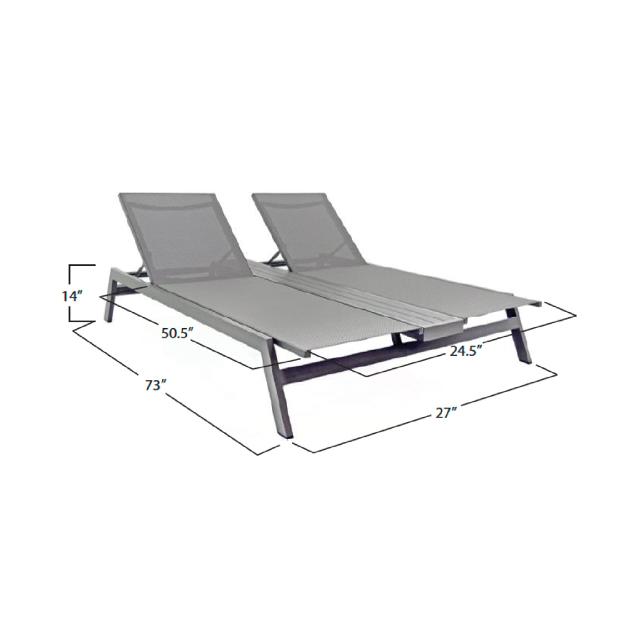 Front view of a grey two person chaise lounge chair with a long grey faux wood armrest in the center, dividing the two chairs. Image is on a white background with dimensions listed as 27" wide by 73" long by 14" high with each individual lounge seat being 50.5" long. Chairs have a grey frame and grey sling fabric.