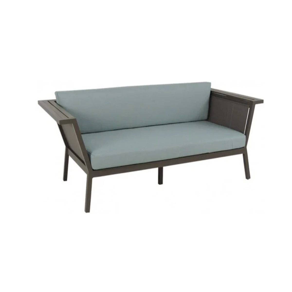 Grey outdoor loveseat with light blue cushions on a white background