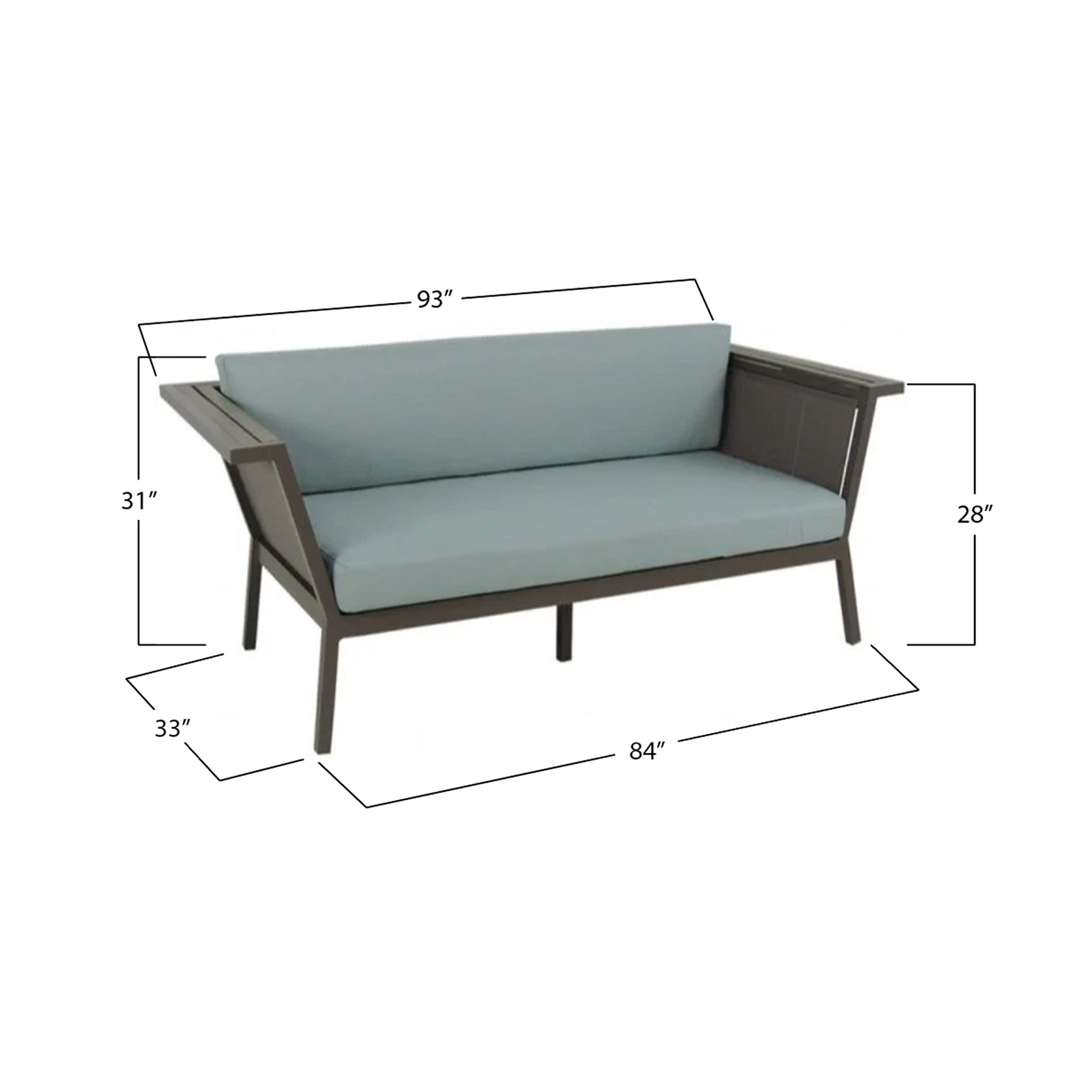 Modern grey sofa with light blue cushions on a white background with dimensions listed