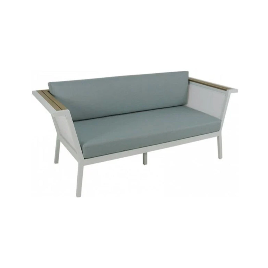 Modern outdoor loveseat with light blue cushions on a white background