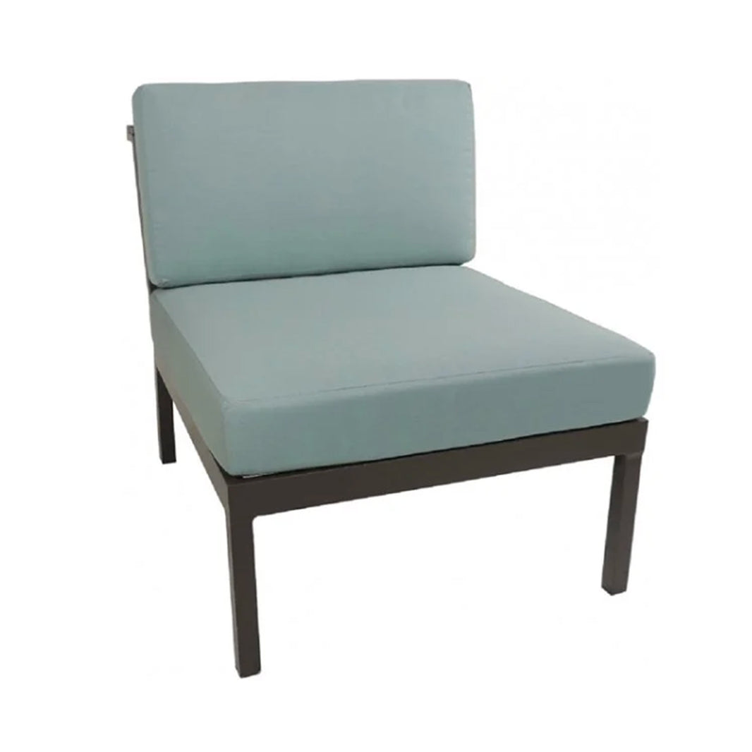 Light blue cushioned chair with grey frame on a white background