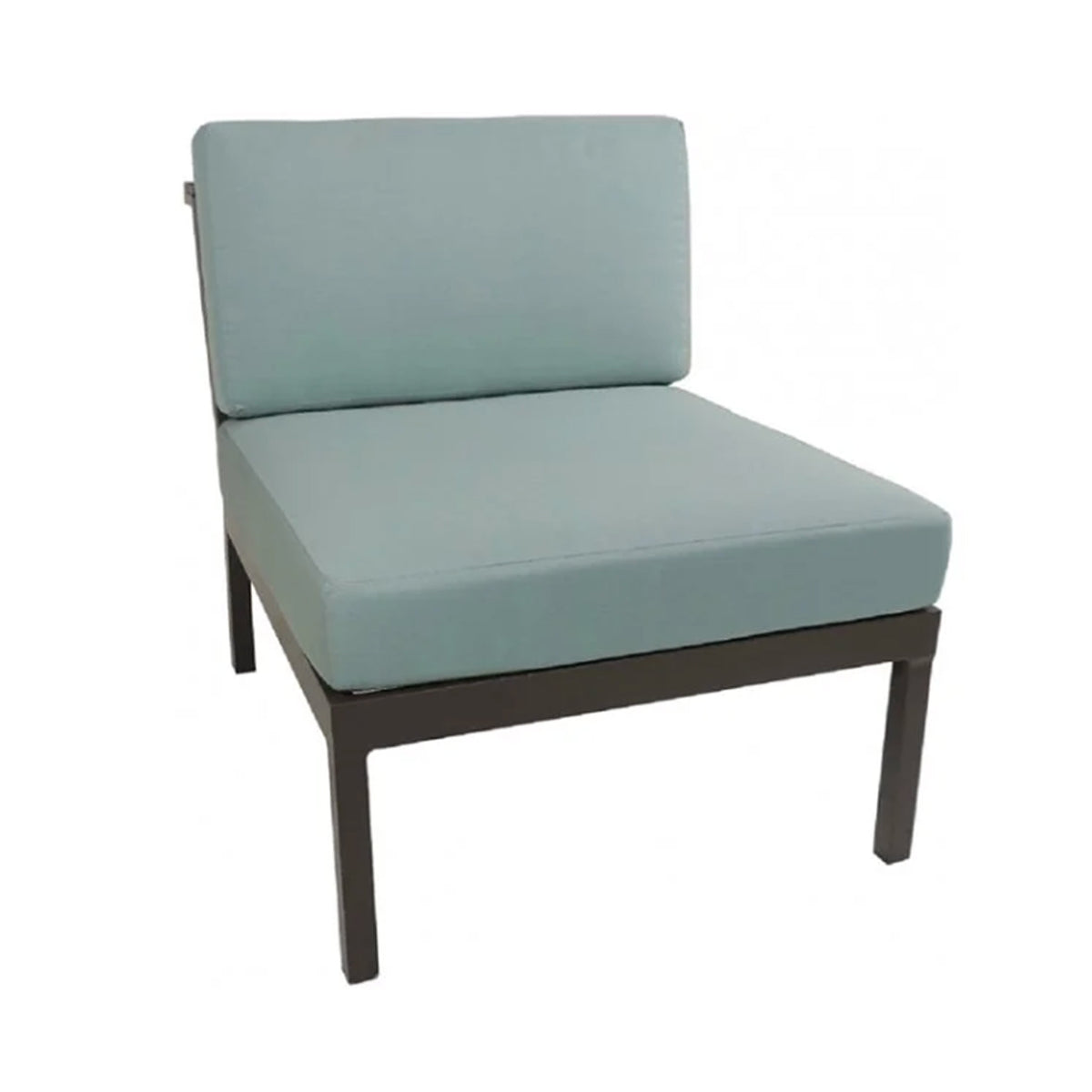 Light blue cushioned chair with grey frame on a white background