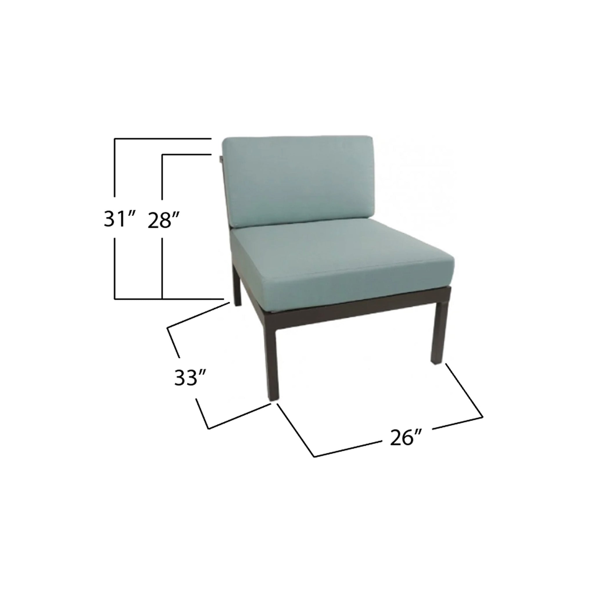 Grey frame chair with light blue cushions and dimensions labeled on a white background