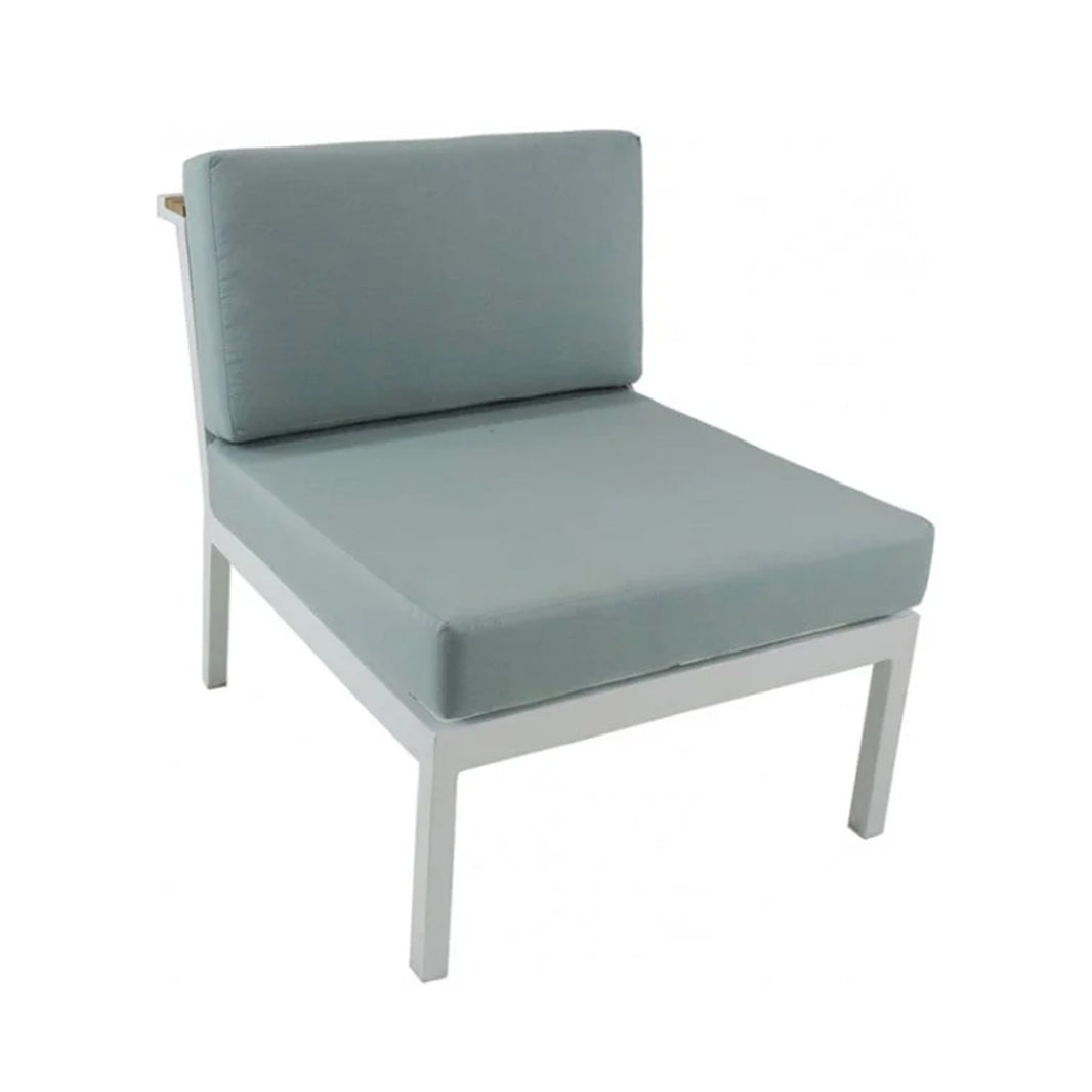 Light blue cushioned outdoor chair with white frame on a white background