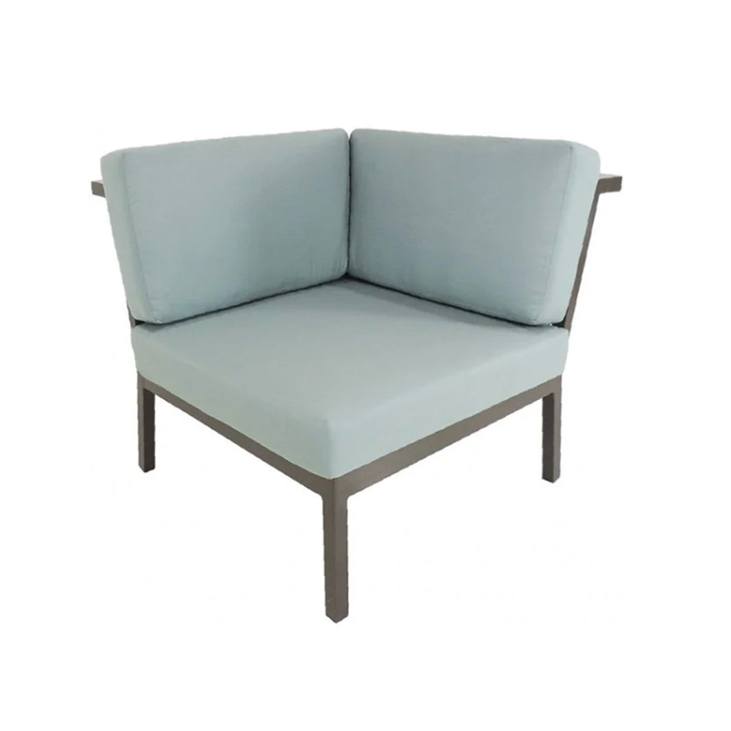 Light blue outdoor sofa with gray frame on a white background