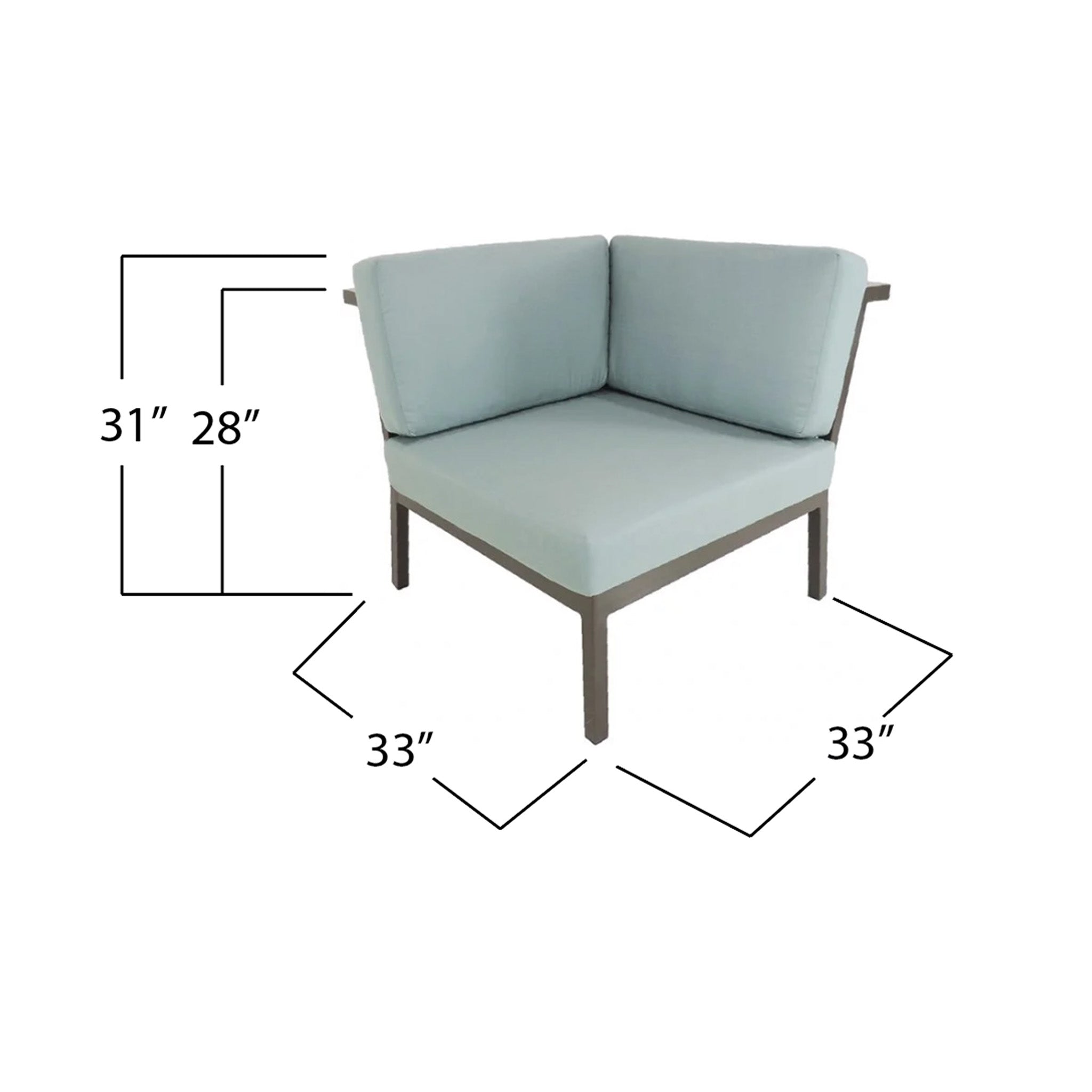 Corner outdoor sofa with dimensions labeled on a white background