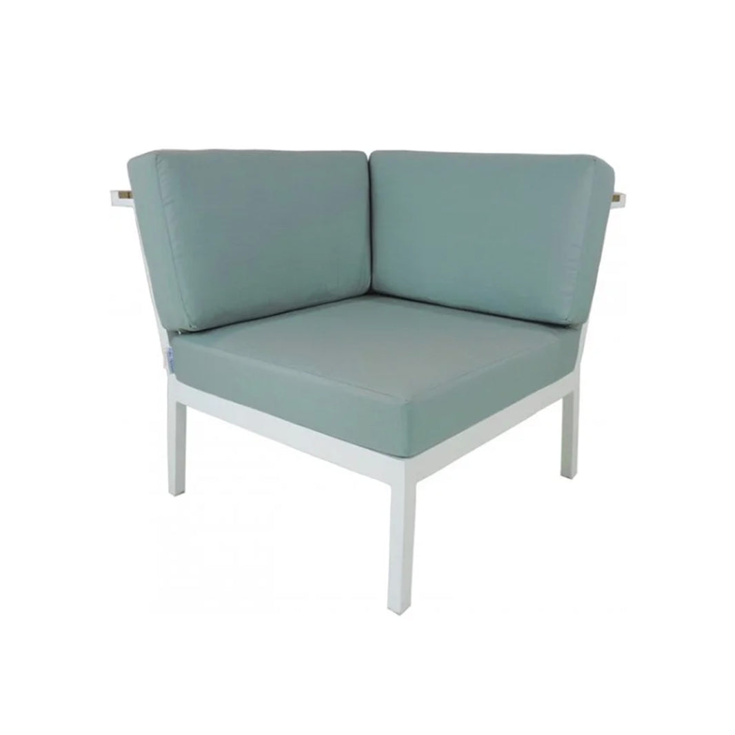 Light blue outdoor corner sofa with white frame on a white background