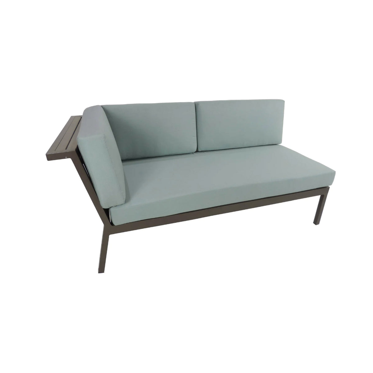 Two-seater grey outdoor sofa with light blue cushions on a white background