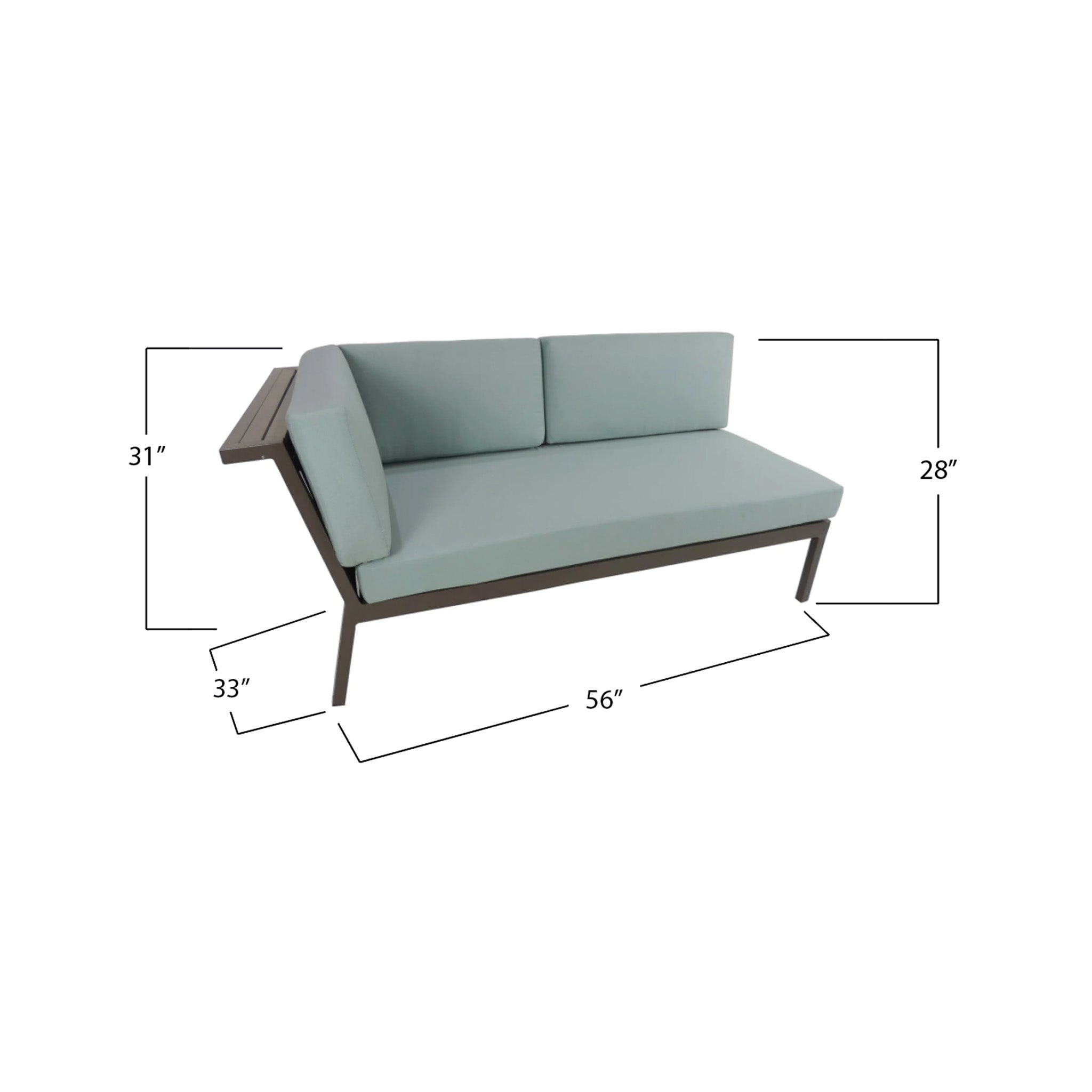 Grey outdoor sofa with dimensions on a white background