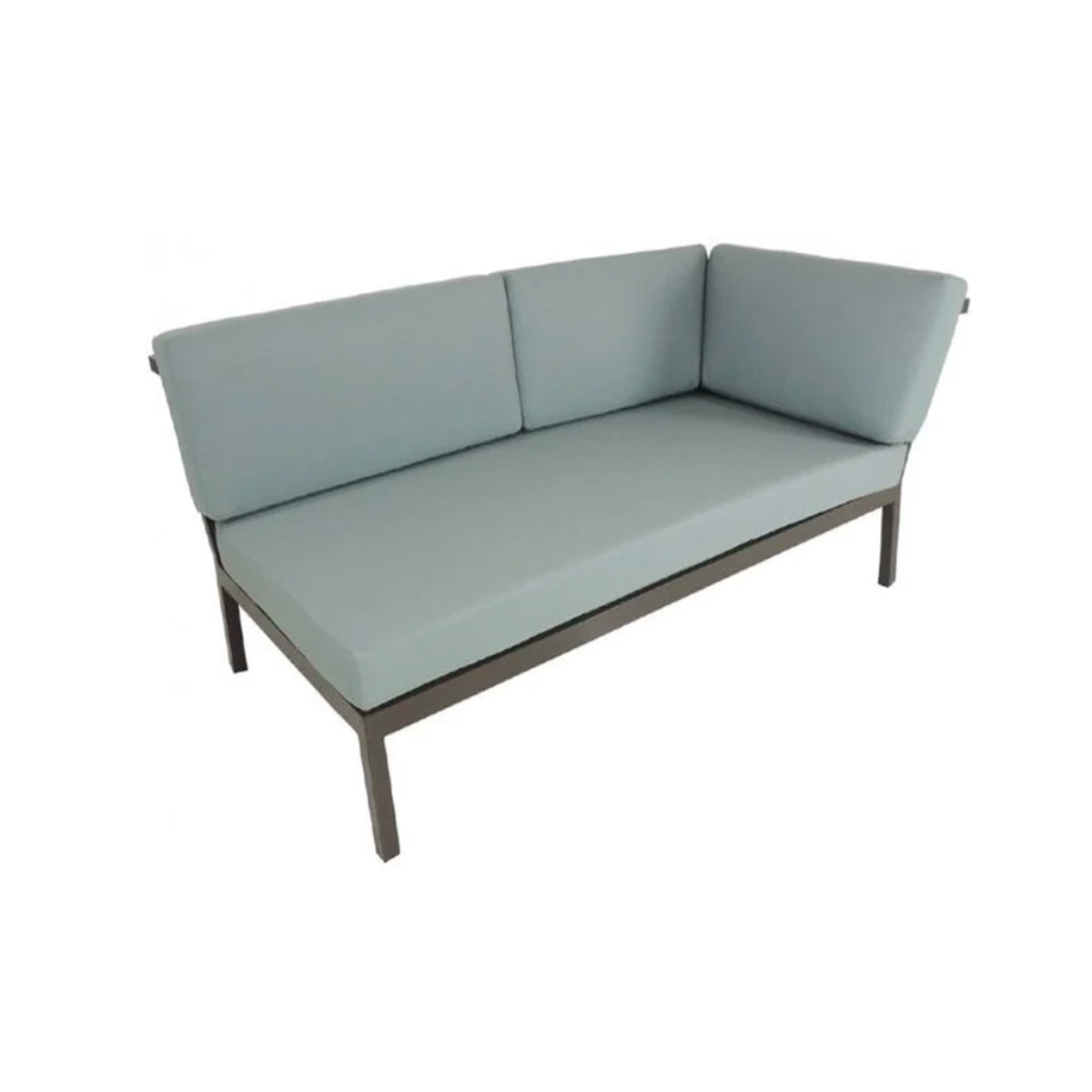 Light blue outdoor sofa with grey frame on a white background