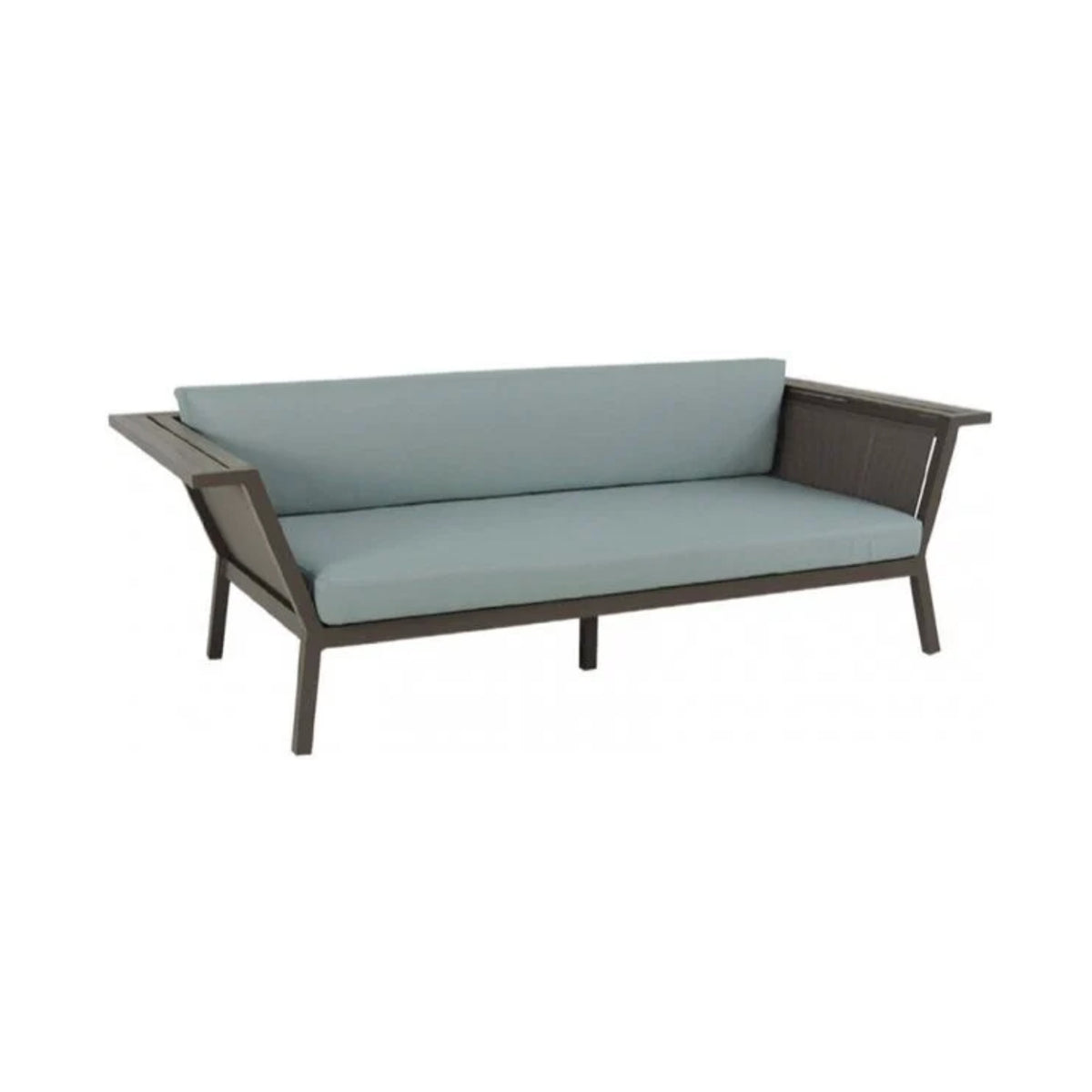 Grey outdoor sofa with light blue cushions on a white background