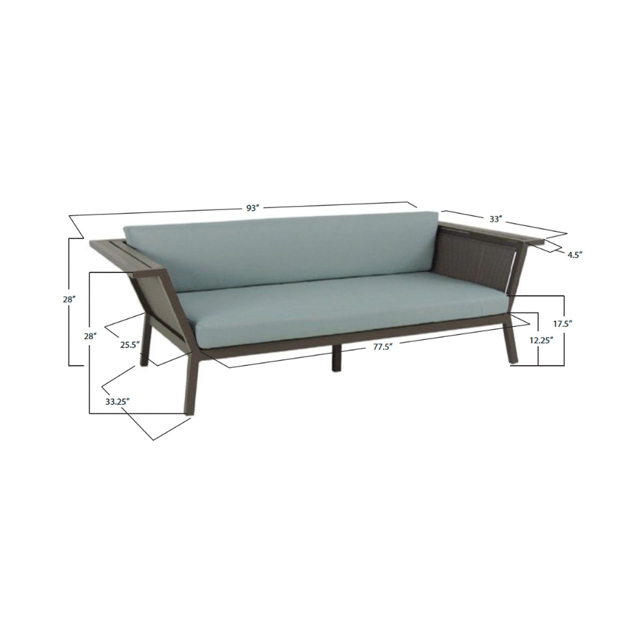 Grey outdoor sofa with light blue cushions with dimensions listed on a white backgrounf