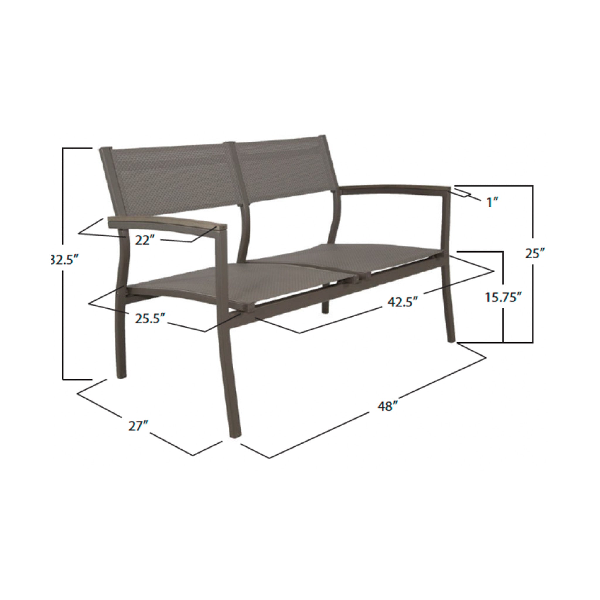 Measurement chart of a grey outdoor bench with dimensions labeled.