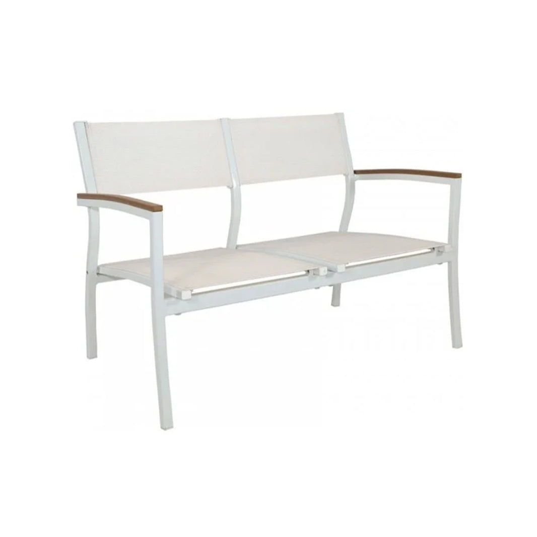 White outdoor bench with wooden armrests on a white background