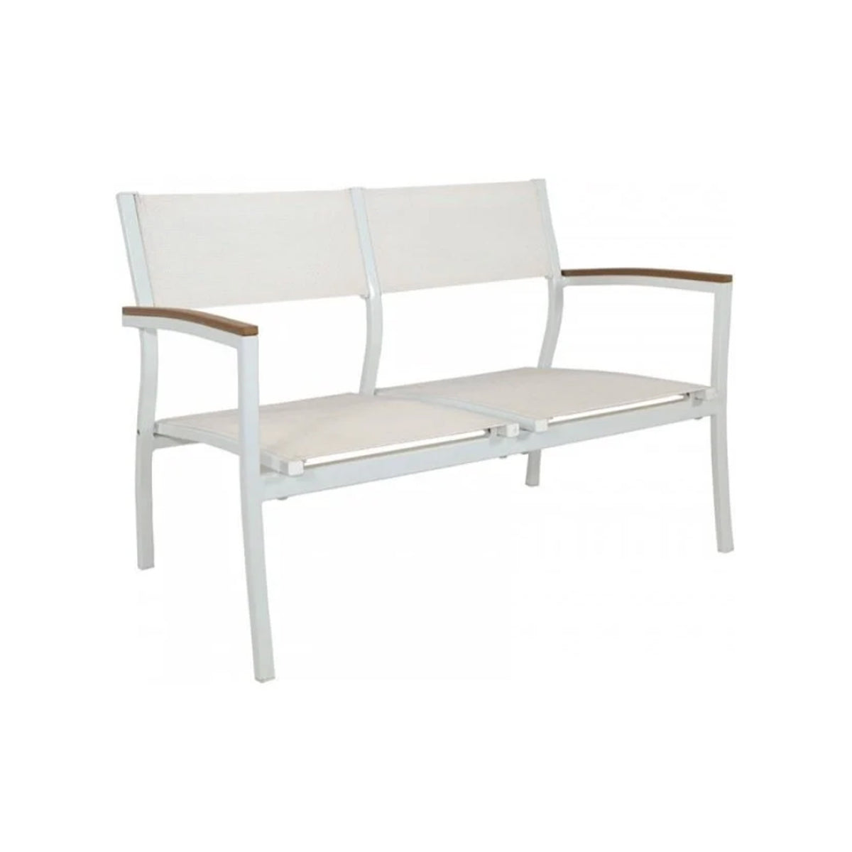 White outdoor bench with wooden armrests on a white background