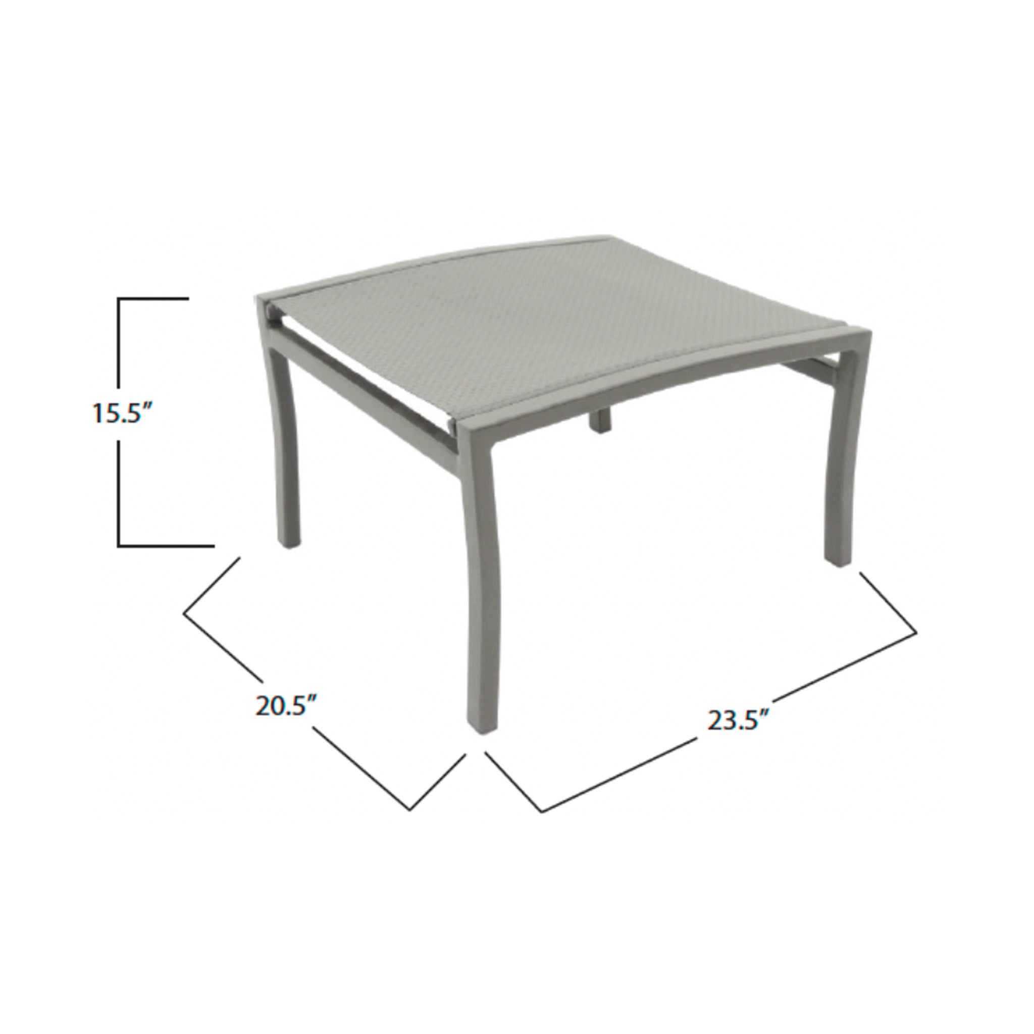 White outdoor ottoman with dimensions labeled on a white background. 23.5" by 20.5" x 15.5"