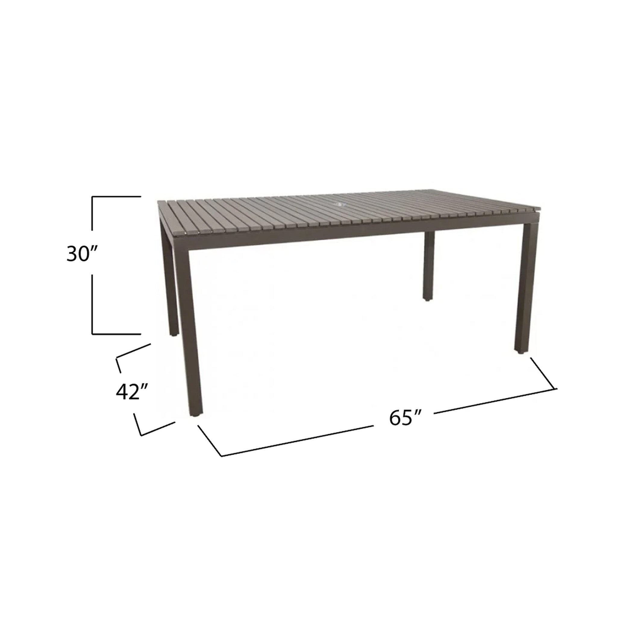 Rectangular grey table with dimensions labeled on a white background. Dimensions say the table is 65" long by 42" deep by 30" tall.