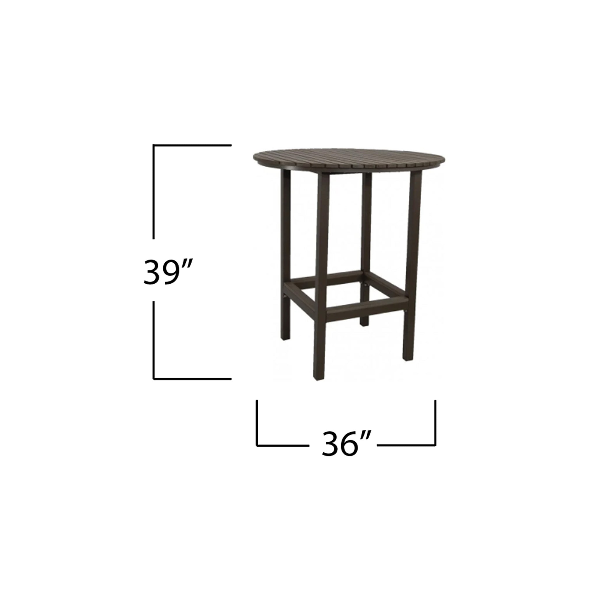 Round grey outdoor bar table with dimensions on a white background. The dimensions say the table is 36" diameter and 39" tall. 