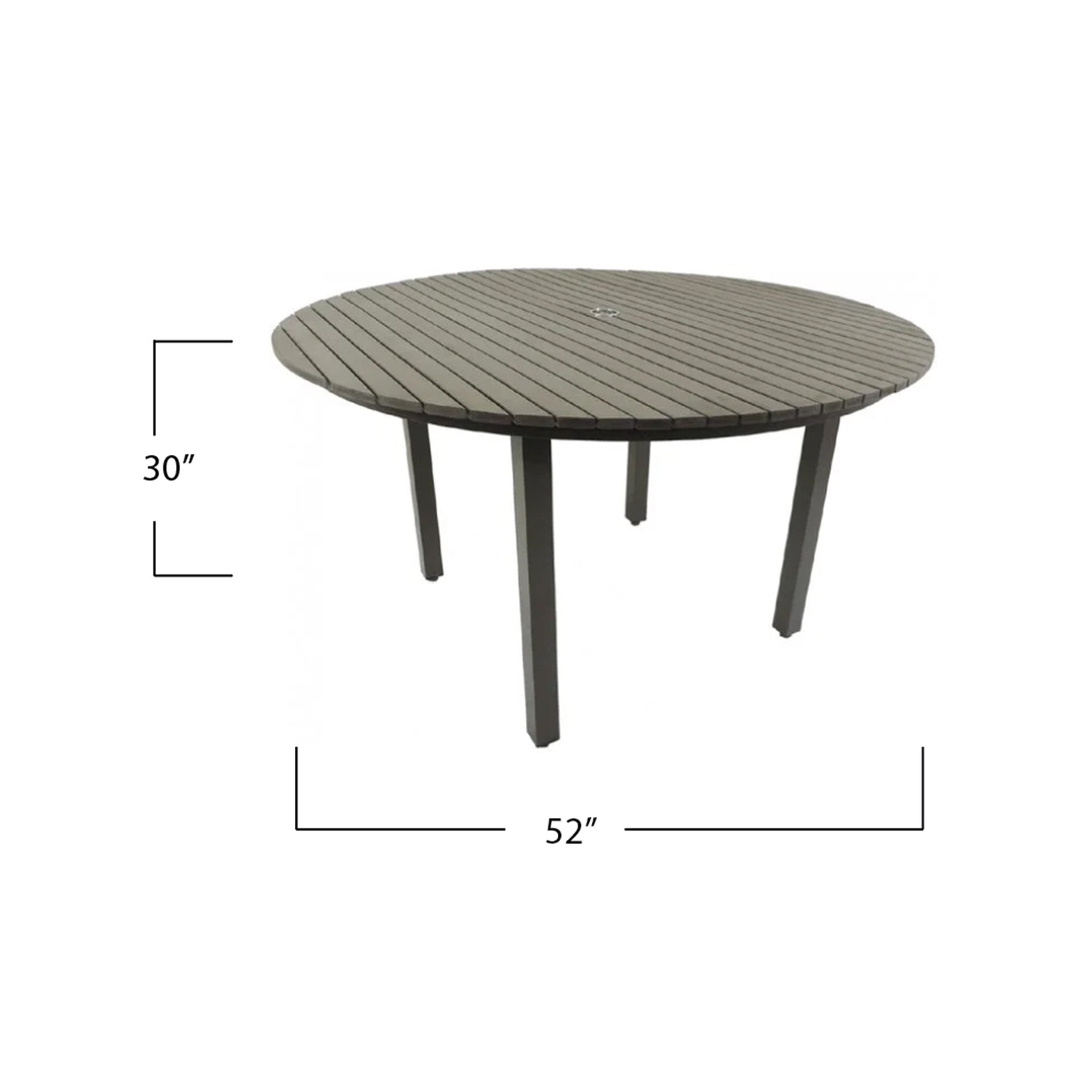 Round patio table with grey base on a white background showing the dimensions as 30" tall and 52" in diameter. The top of the table is made of faux wood slats that are a grey tone. There is an umbrella hole drilled out in the center of the table. 