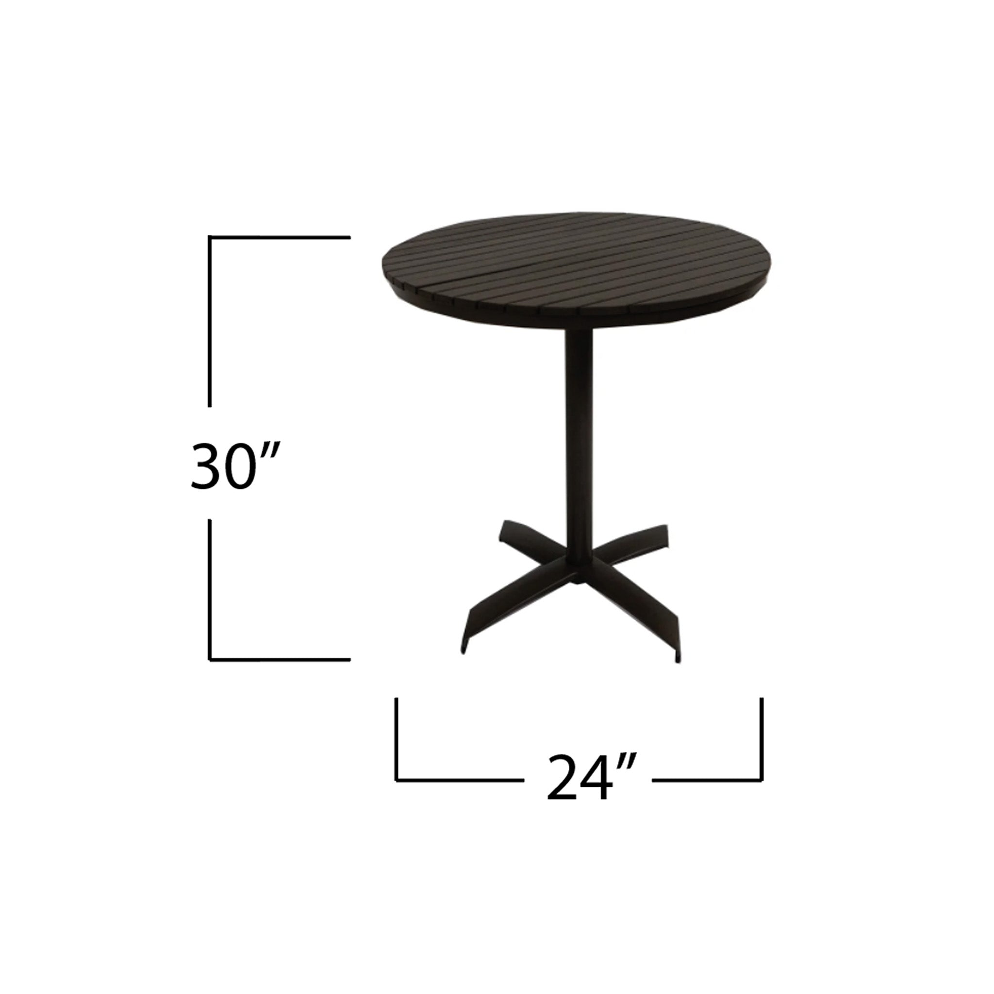 Round grey bistro table with dimensions labeled on a white background. Measurements state 24" in diameter and 30" tall. 