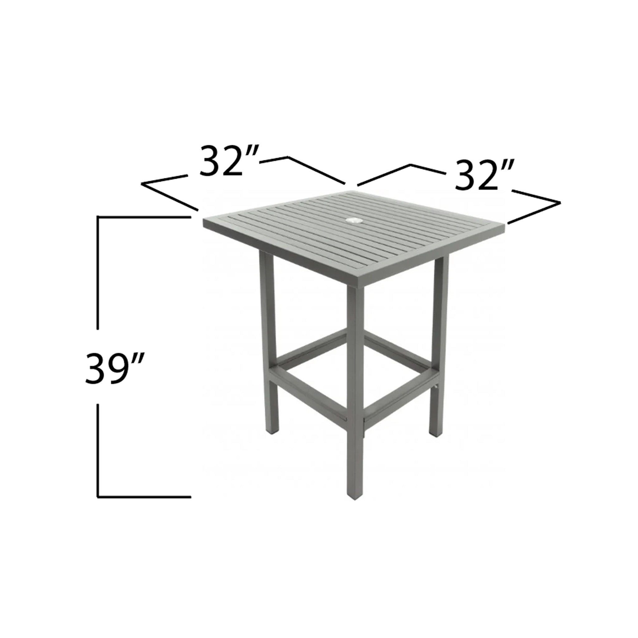 Gray outdoor bar table with dimensions labeled on a white background. Dimensions say the table is 32" by 32" and the height is 39"