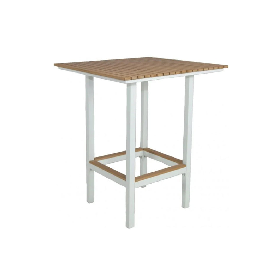 High table with wooden slatted top and white base on a white background
