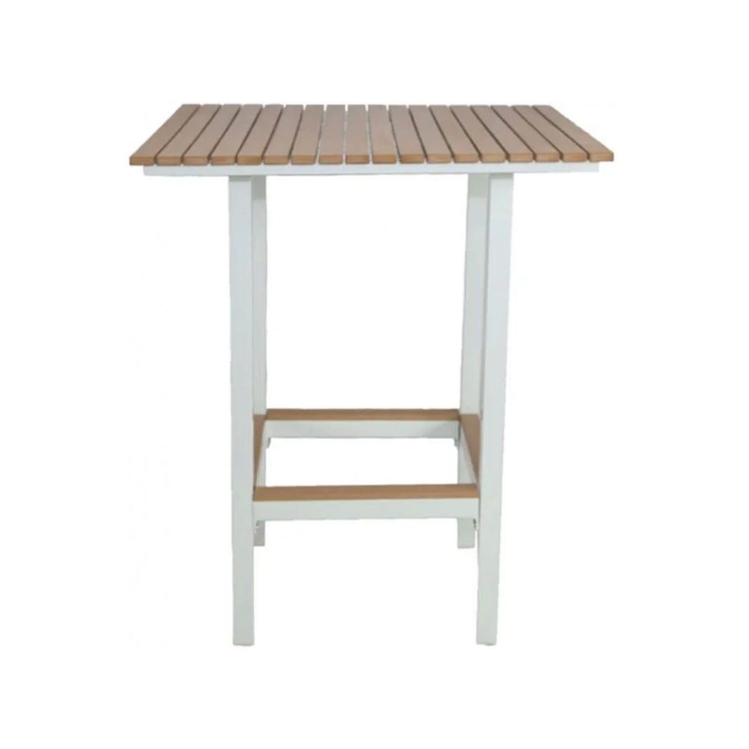 Square table with wood slatted top and white base on a white background